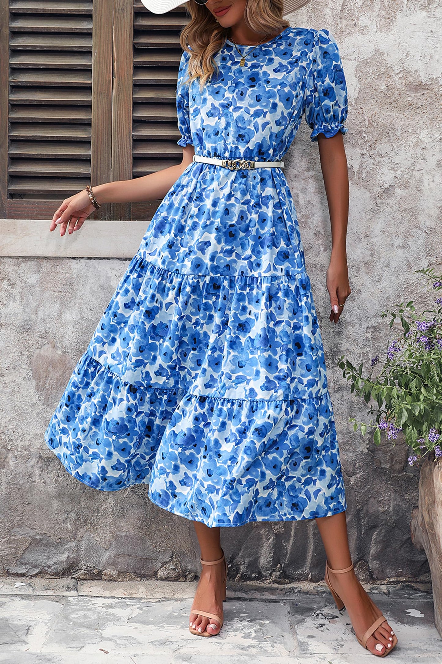 Pretty Garden Womens Summer Casual Boho Dress Floral Print Ruffle Puff Sleeve High Waist Midi