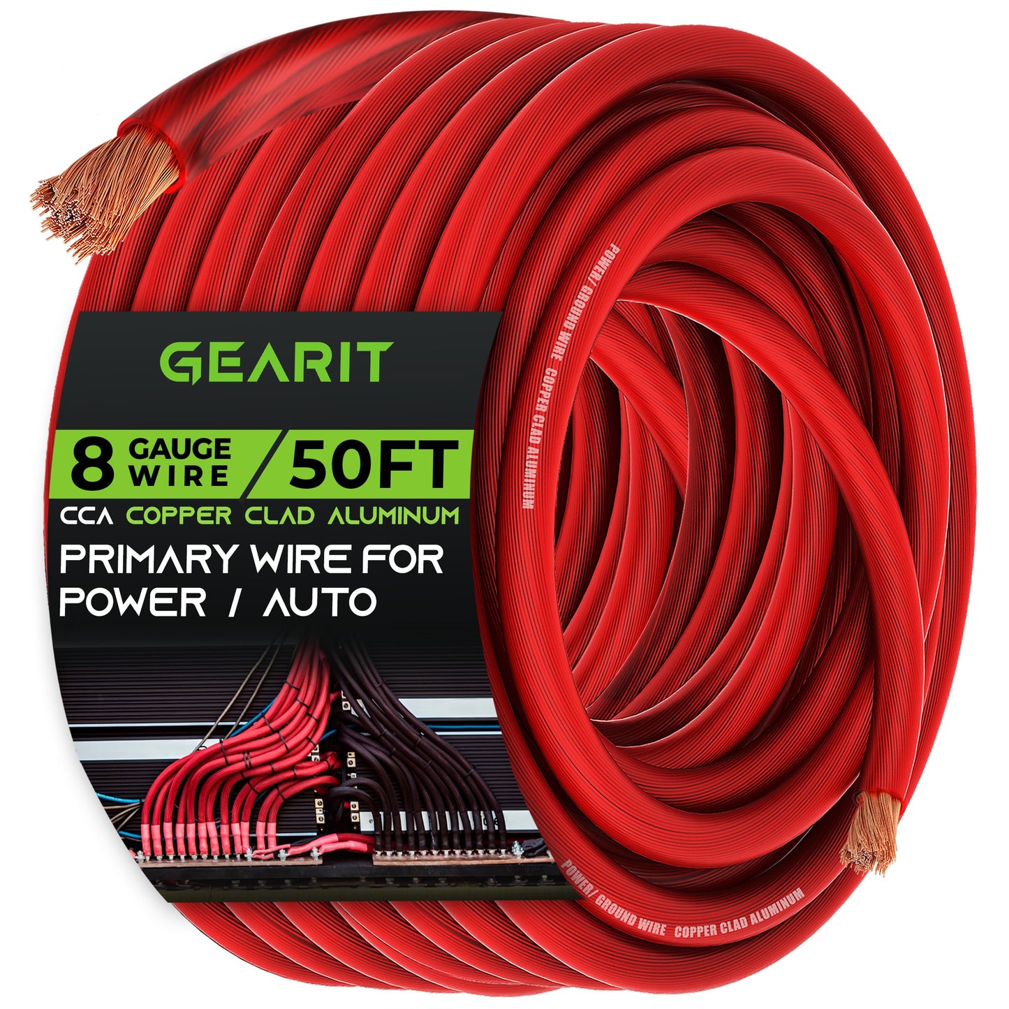 GearIT 8 Gauge Wire CCA Kit (25ft Each- Black/Red Translucent | 15 Lugs | 20 Heat Shrink Wrap) Copper Clad Aluminum - Primary Automotive Wire Power/Ground, Battery Cable, Car Audio Speak