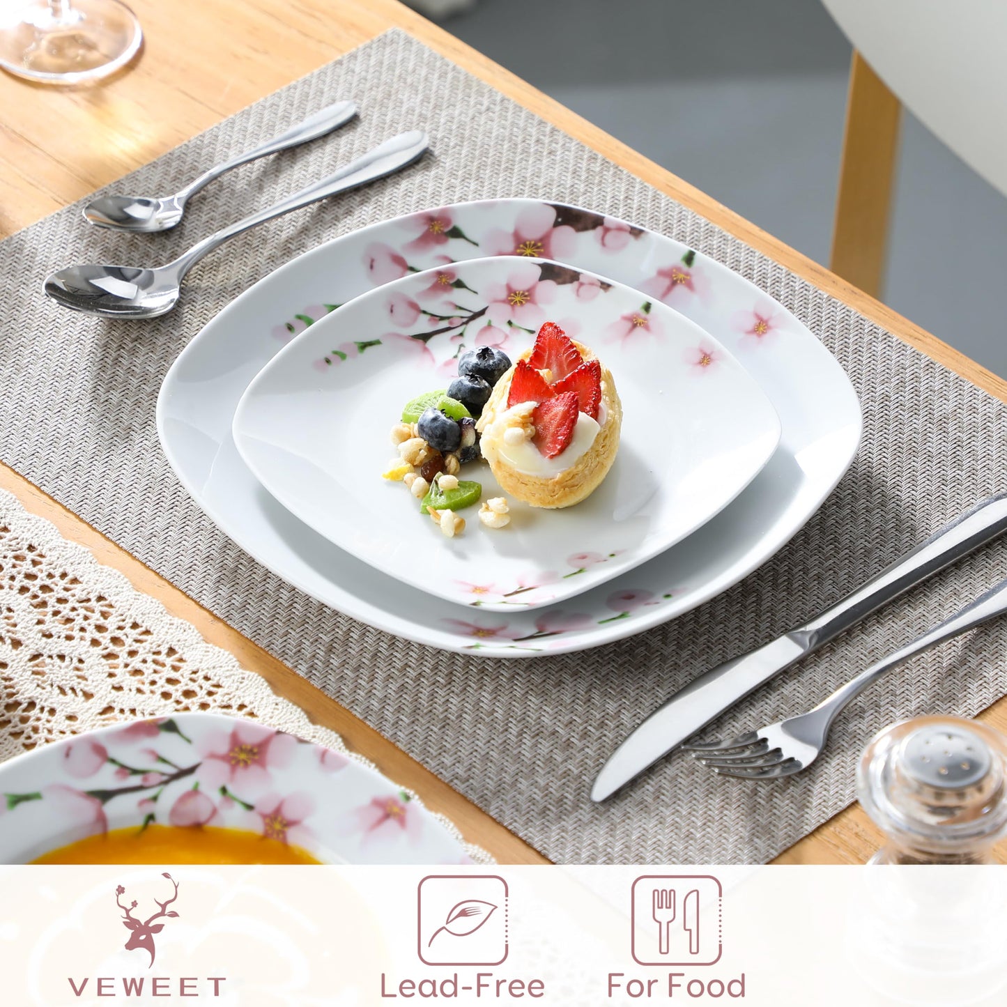 VEWEET, Series Annie, Porcelain Dinnerware Sets for 6, White Dish Set with Pink Floral, 30 PCS Dinner Sets Including Dinner Plates, Dessert Plates, Soup Plates Set, Cups & Saucers