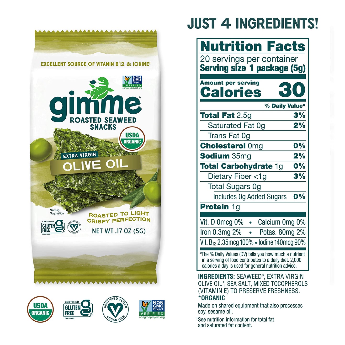 gimMe - Sea Salt & Avocado Oil - 0.16 Oz (Pack of 20) - Organic Roasted Seaweed Sheets - Keto, Vegan, Gluten Free - Great Source of Iodine & Omega 3’s - Healthy On-The-Go Snack for Kids & Adults