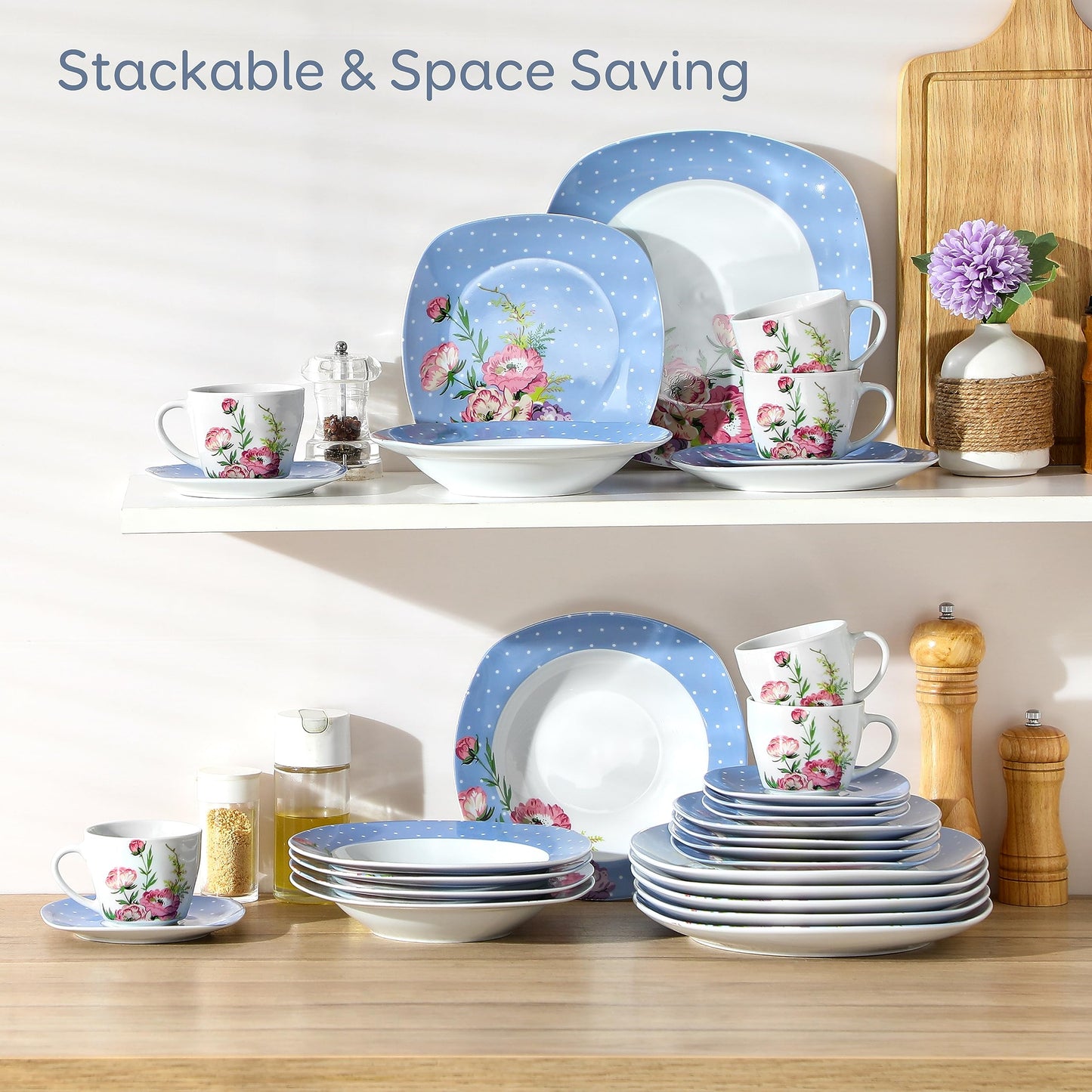 VEWEET, Series Annie, Porcelain Dinnerware Sets for 6, White Dish Set with Pink Floral, 30 PCS Dinner Sets Including Dinner Plates, Dessert Plates, Soup Plates Set, Cups & Saucers