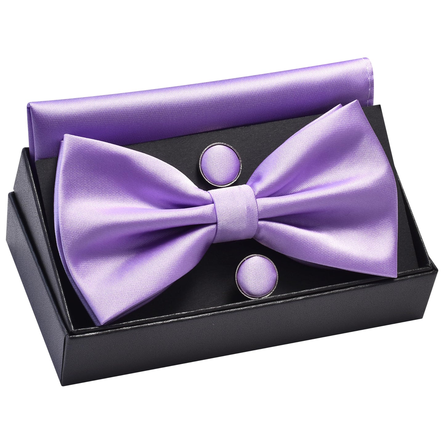 GUSLESON Mens Solid Color Double Fold Pre-tied Bow Tie and Pocket Square Cufflink Set with Gift Box