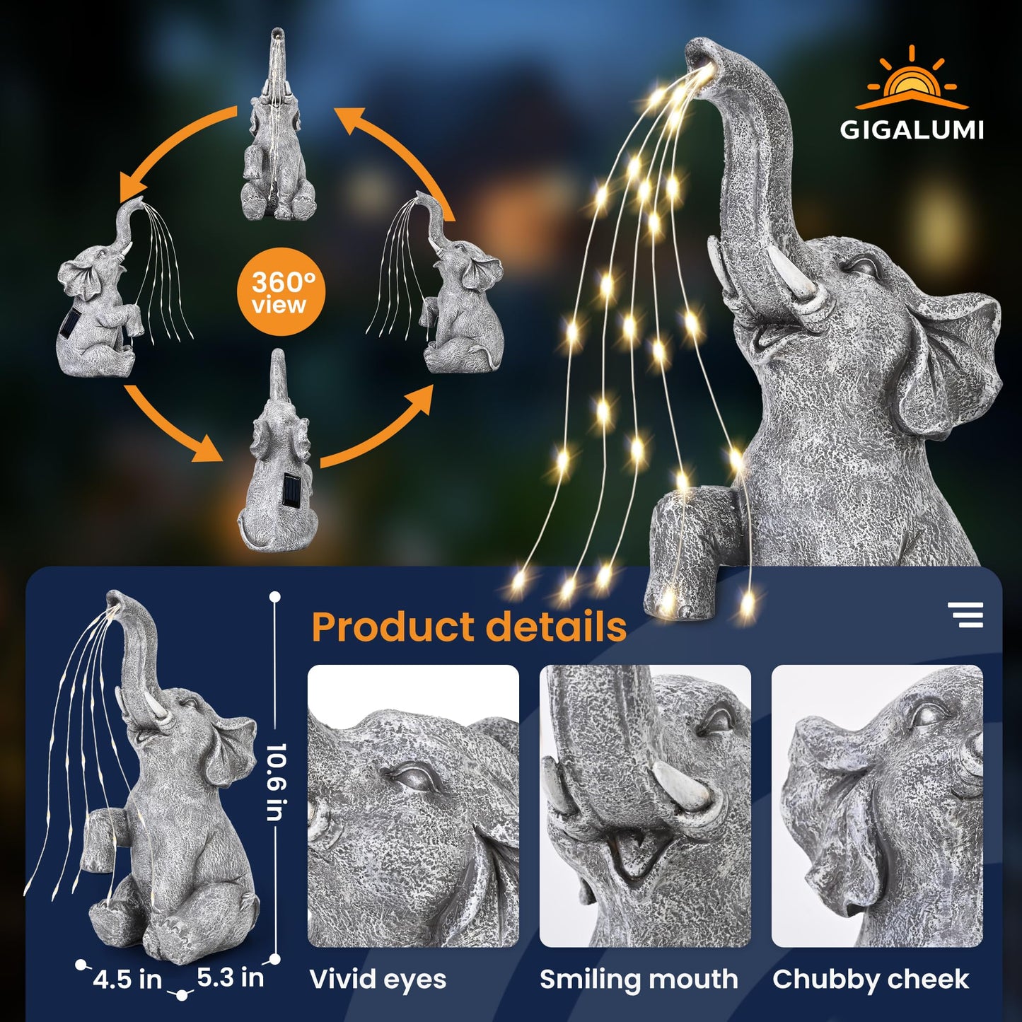 GIGALUMI Elephant Statue Solar Garden Decor LED Light Strings, Birthday Gifts for Women, Gifts for Mom, Outdoor Elephant Decor for Garden, Patio, Yard(Stay On Mode Only)