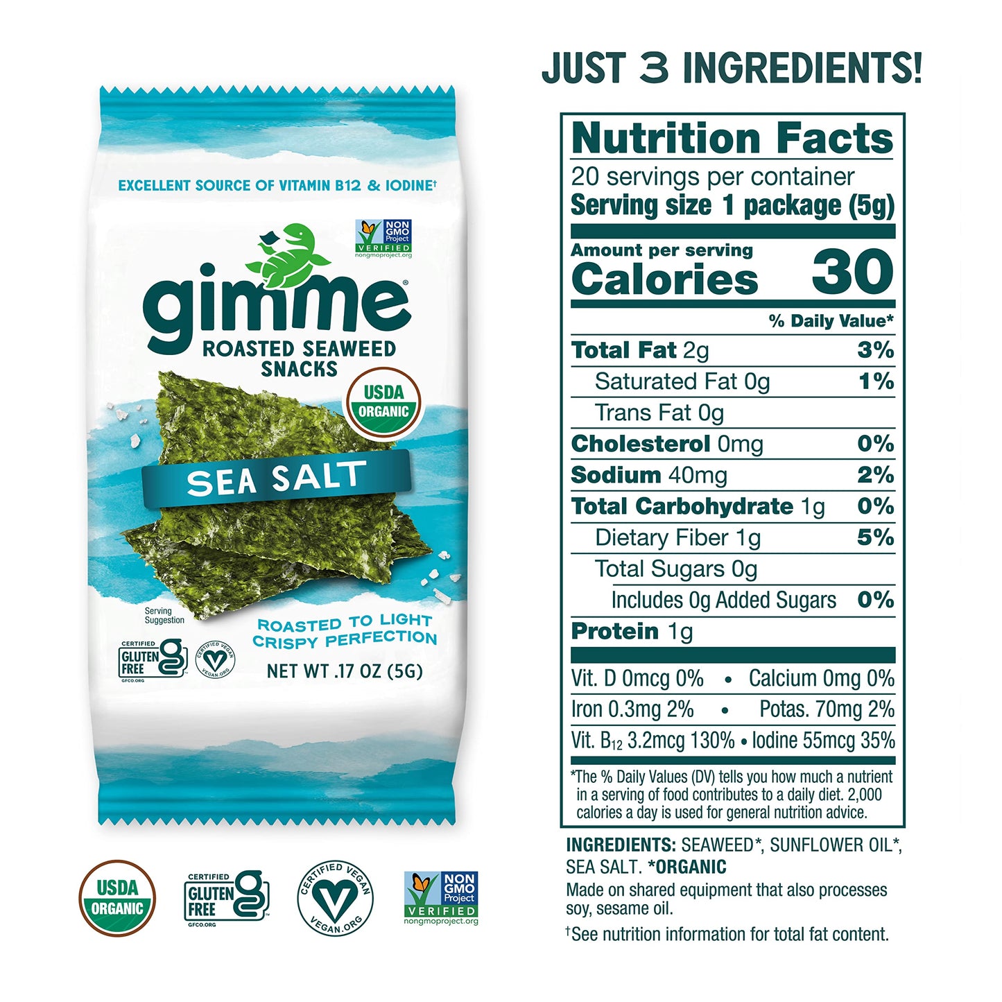 gimMe - Sea Salt & Avocado Oil - 0.16 Oz (Pack of 20) - Organic Roasted Seaweed Sheets - Keto, Vegan, Gluten Free - Great Source of Iodine & Omega 3’s - Healthy On-The-Go Snack for Kids & Adults