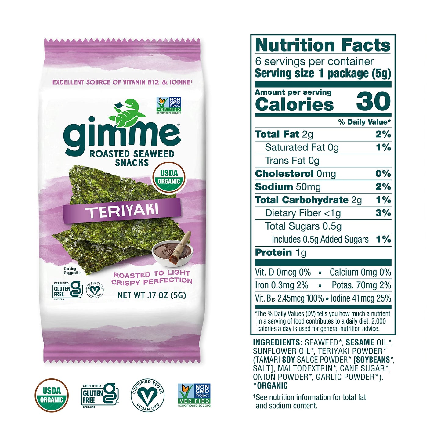 gimMe - Sea Salt Organic Roasted Seaweed Sheets Keto, Vegan, Gluten Free Great Source of Iodine & Omega 3’s Healthy On-The-Go Snack for Kids Adults 6 Count( Pack 1)