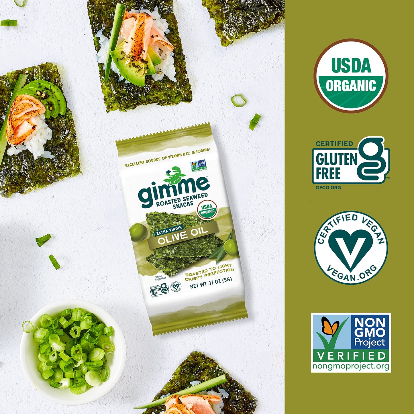 gimMe - Sea Salt & Avocado Oil - 0.16 Oz (Pack of 20) - Organic Roasted Seaweed Sheets - Keto, Vegan, Gluten Free - Great Source of Iodine & Omega 3’s - Healthy On-The-Go Snack for Kids & Adults