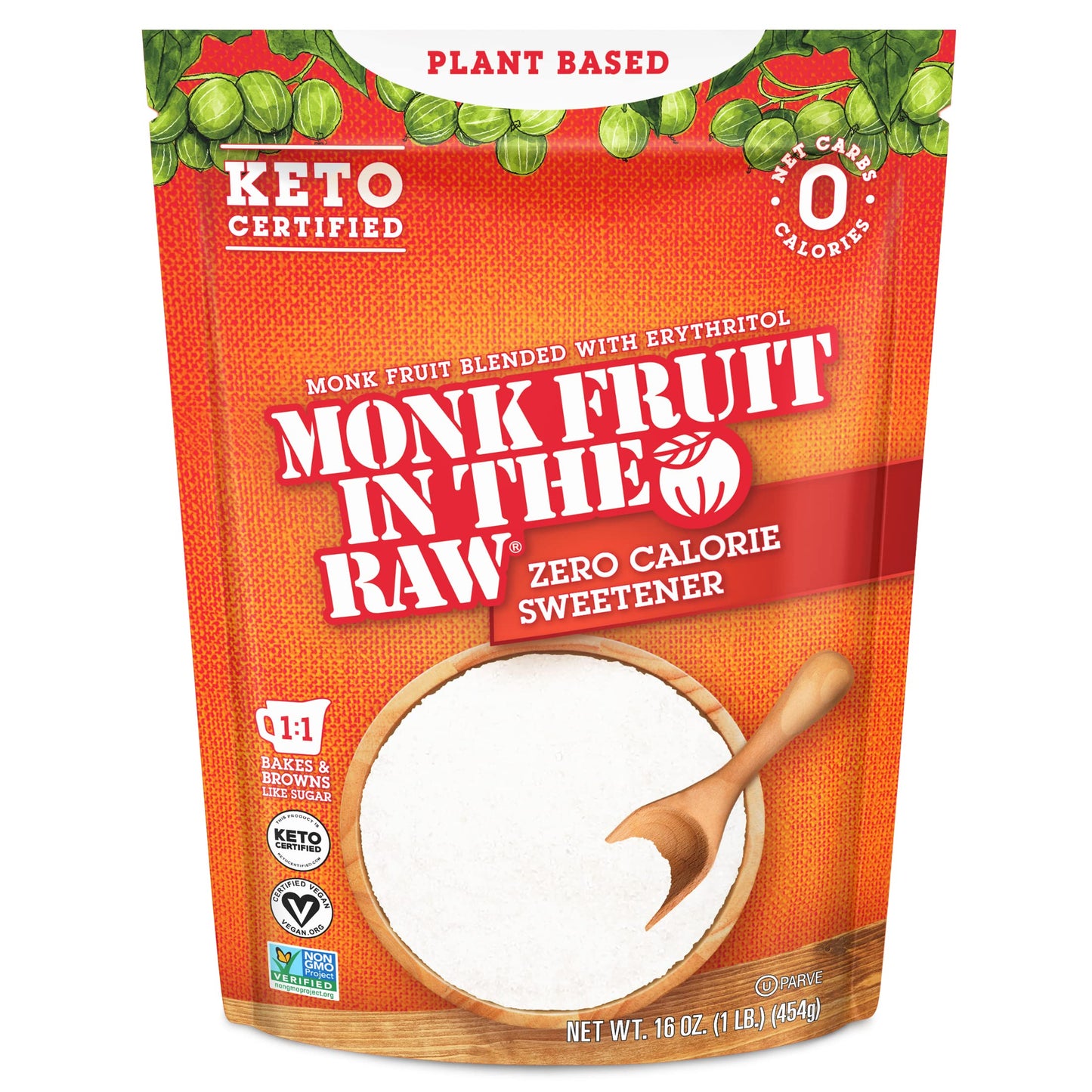 Monk Fruit In The Raw Sweetener Baker's Bag, 16 oz., Keto Certified Monk Fruit Sweetener, Zero Calories, Zero Net Carbs, Non-GMO Project Verified