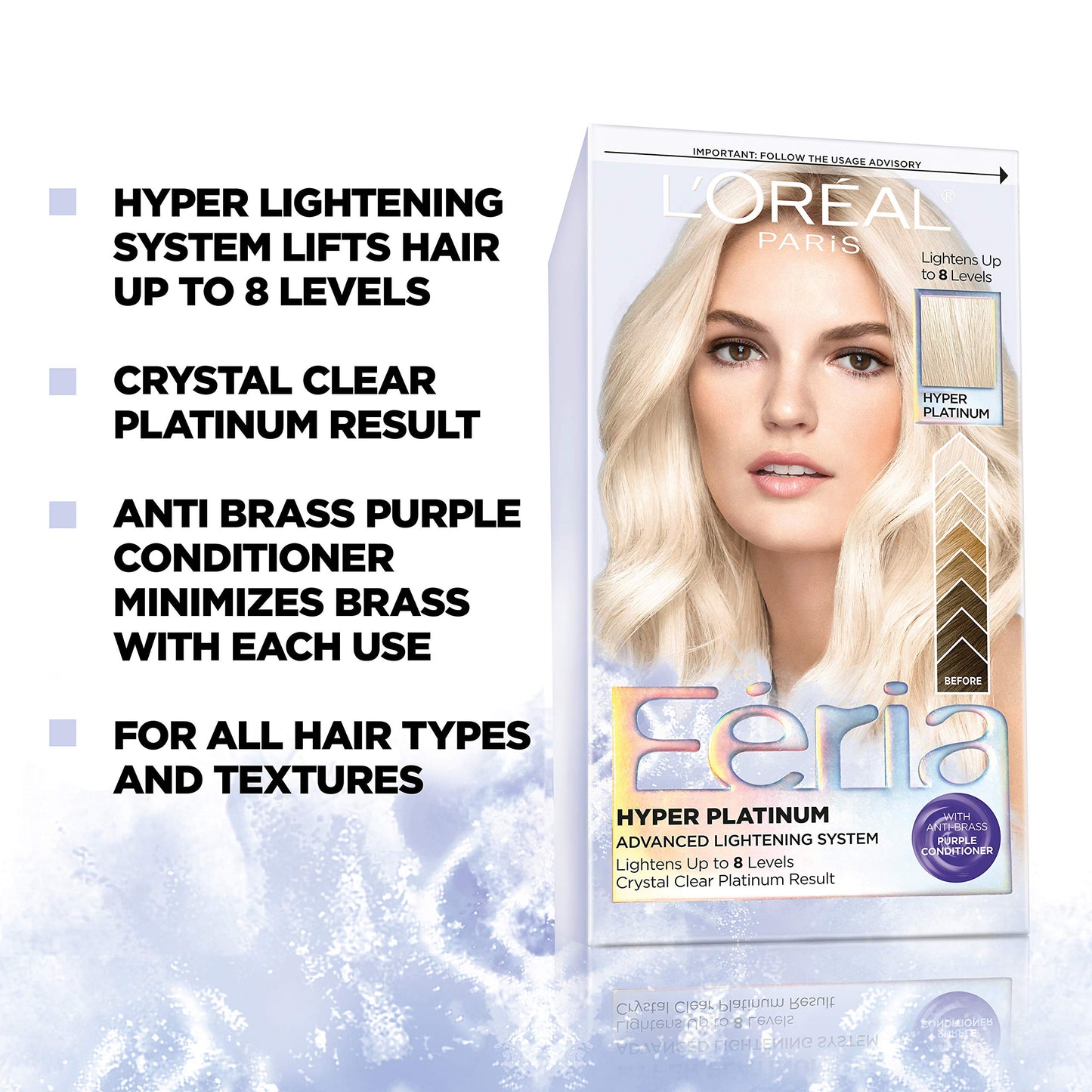 L'Oreal Paris Feria Hyper Platinum Advanced Lightening System Hair Bleach, Lifts Up To 8 Levels, Includes Anti Brass Purple Conditioner, 1 Hair Dye Kit