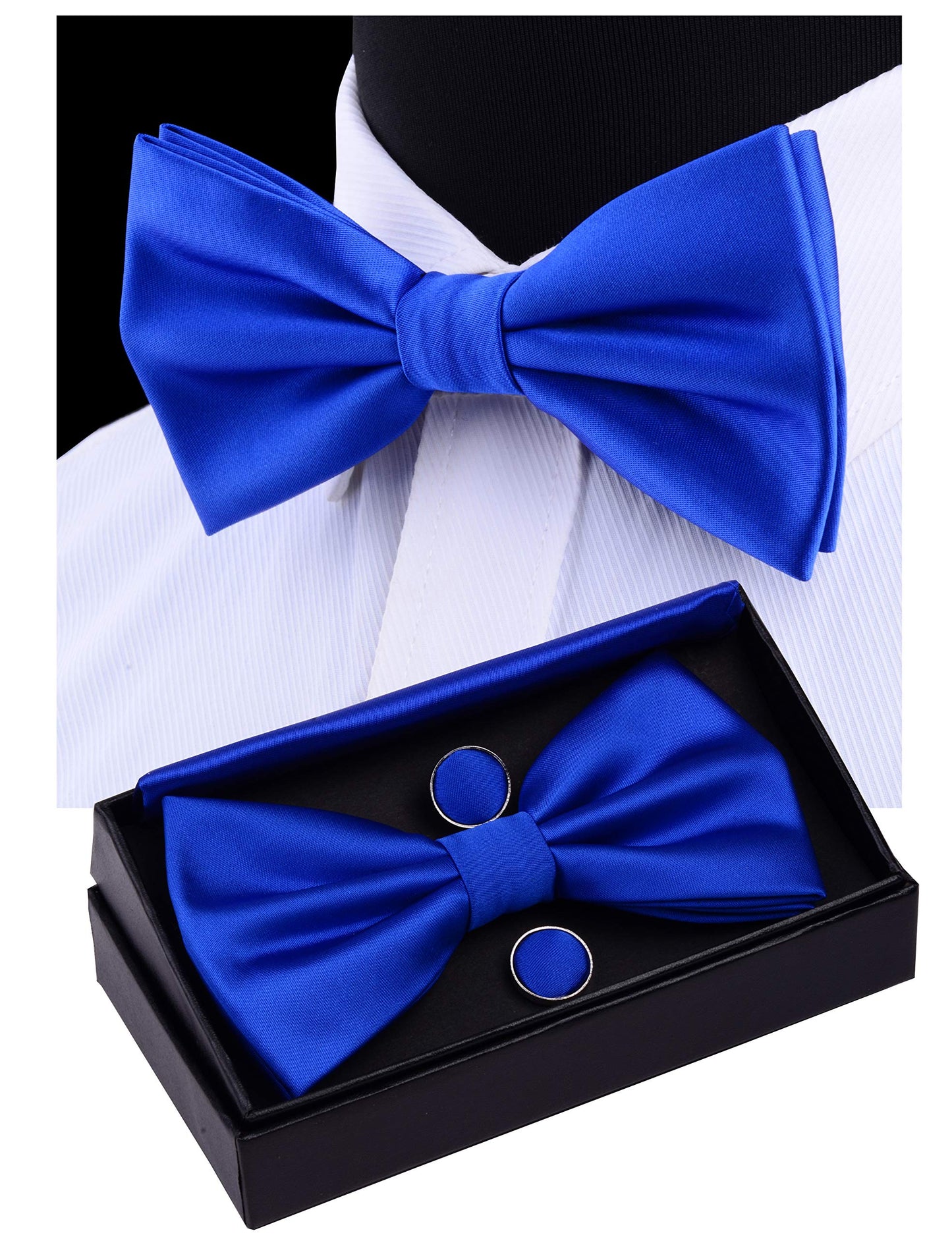 GUSLESON Mens Solid Color Double Fold Pre-tied Bow Tie and Pocket Square Cufflink Set with Gift Box