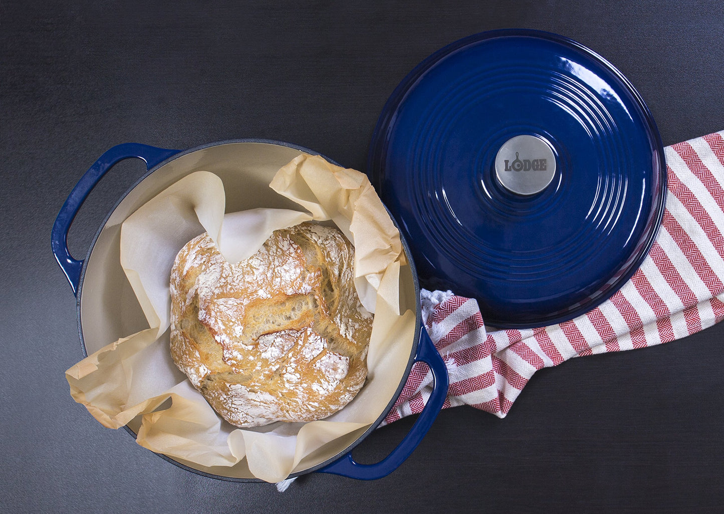 Lodge 6 Quart Enameled Cast Iron Dutch Oven with Lid – Dual Handles – Oven Safe up to 500° F or on Stovetop - Use to Marinate, Cook, Bake, Refrigerate and Serve – Oyster White