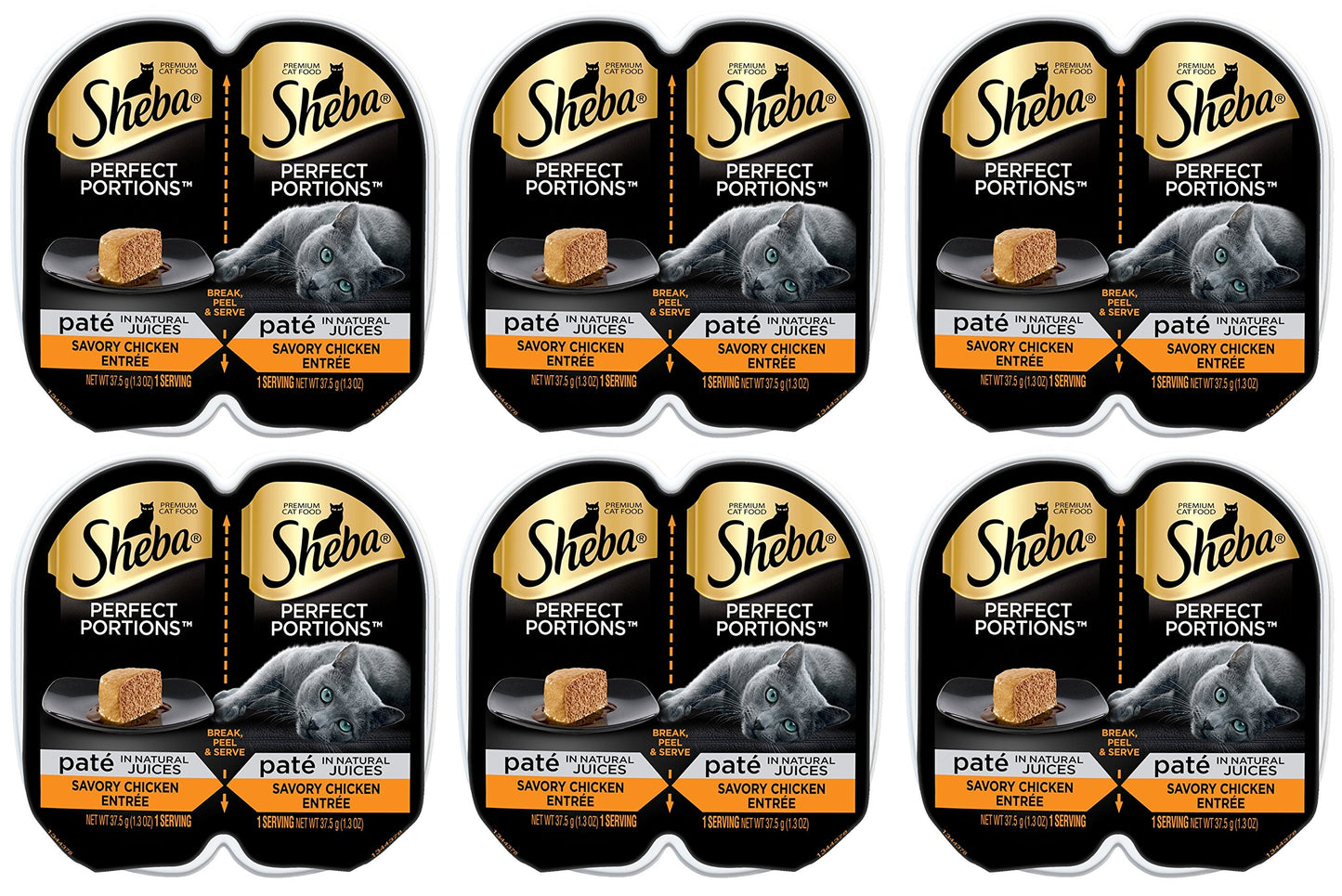 SHEBA Perfect Portions Cuts in Gravy Wet Cat Food Trays (24 Count, 48 Servings), Roasted Chicken, Gourmet Salmon and Tender Turkey Entrée Variety Pack, Easy Peel Twin-Pack Trays