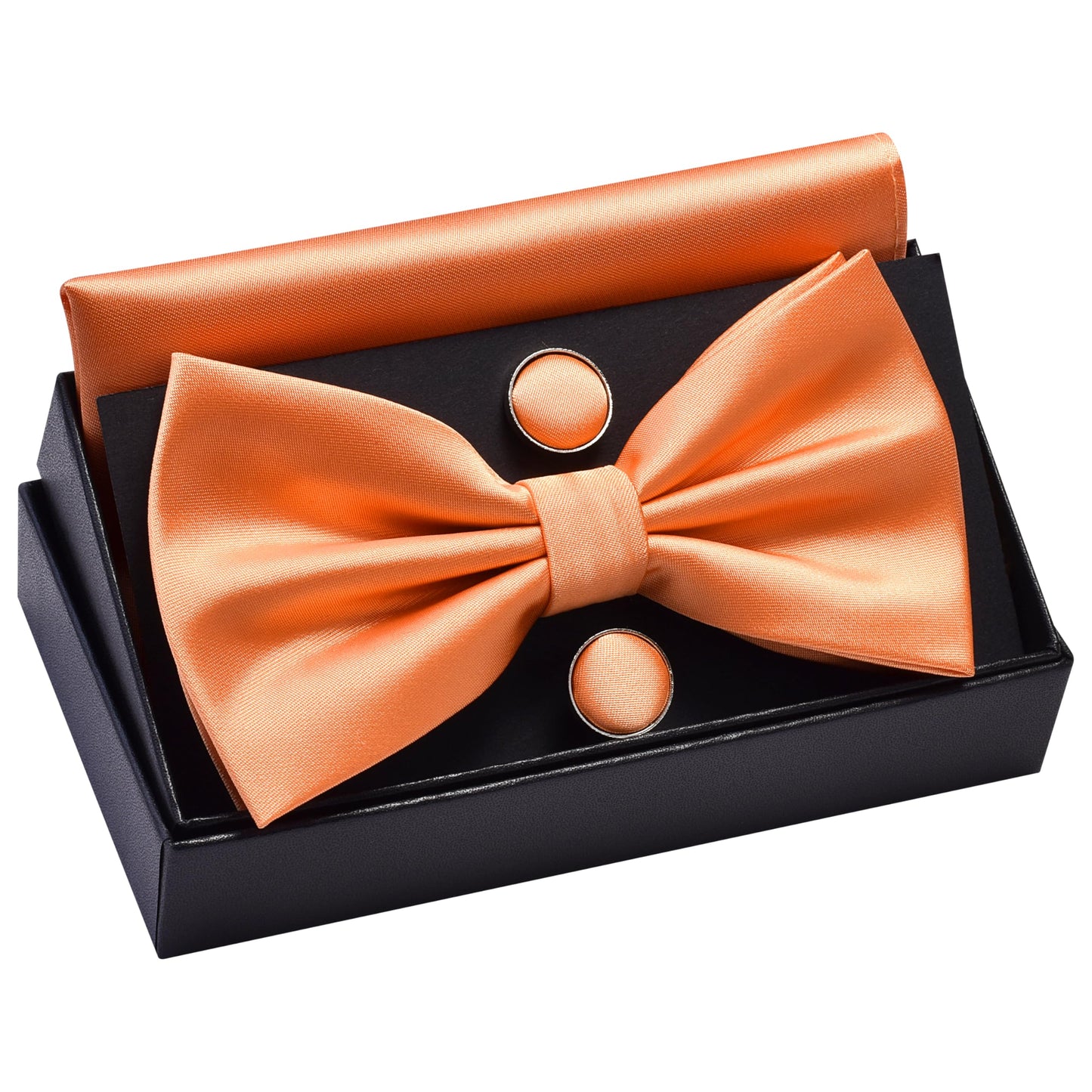 GUSLESON Mens Solid Color Double Fold Pre-tied Bow Tie and Pocket Square Cufflink Set with Gift Box