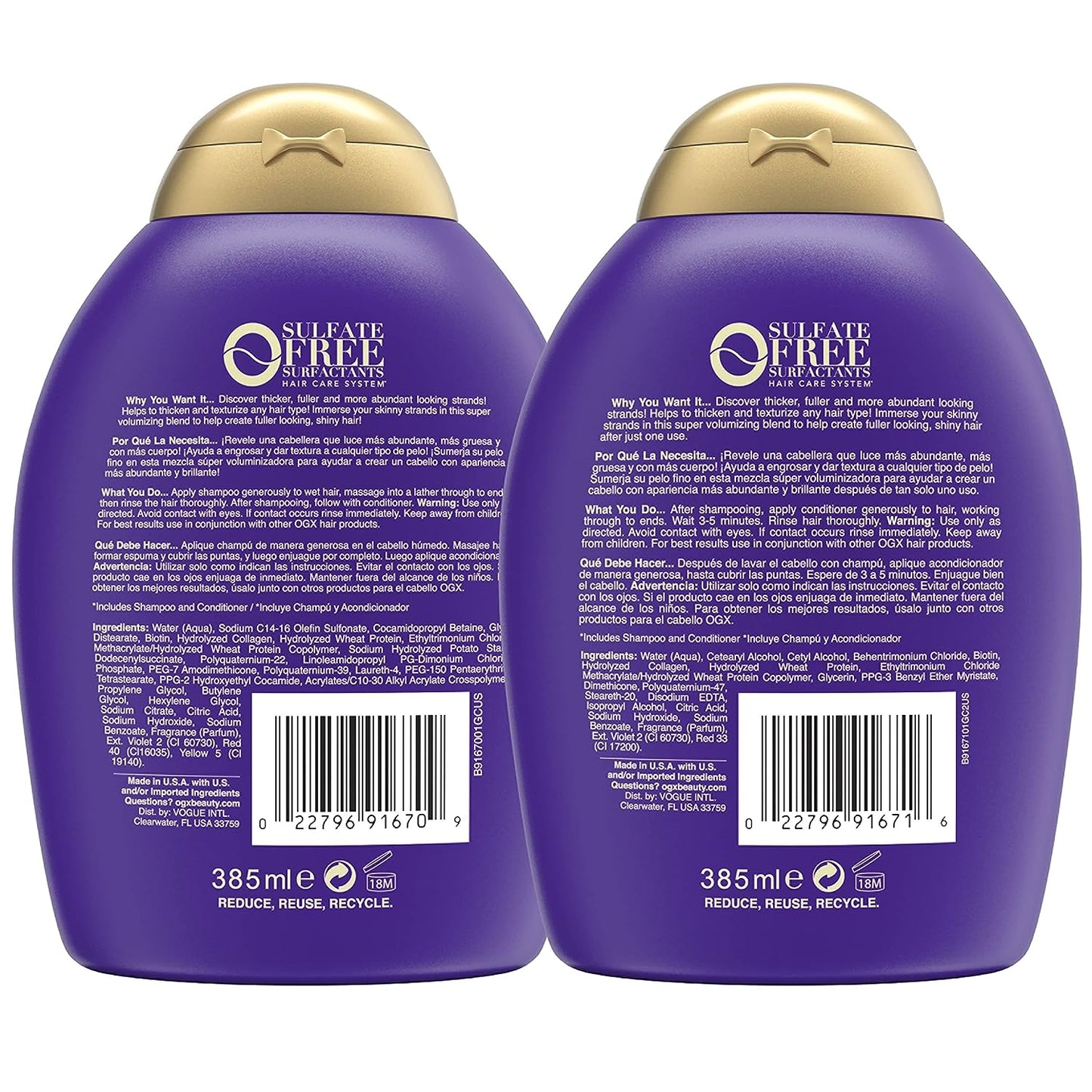 OGX Thick & Full + Biotin & Collagen Shampoo & Conditioner Set, (packaging may vary), Purple, 13 Fl Oz (Pack of 2)