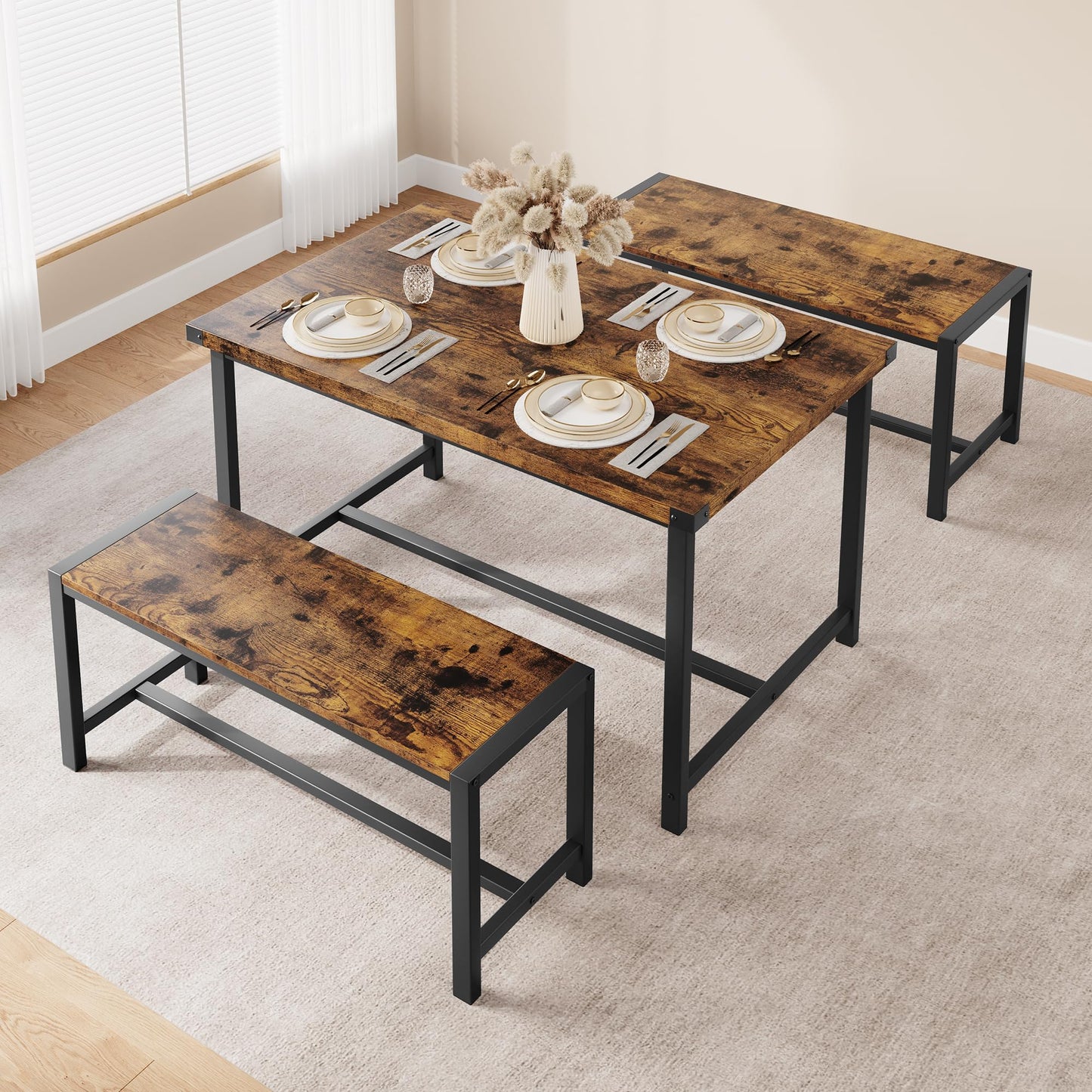 IDEALHOUSE Dining Table Set for 4, Kitchen Table with Upholstered Bench, Rectangular Dining Room Table Set with 2 Benches, 3 Piece Kitchen Table Set for Small Space, Apartment, Studio, Rustic Brown