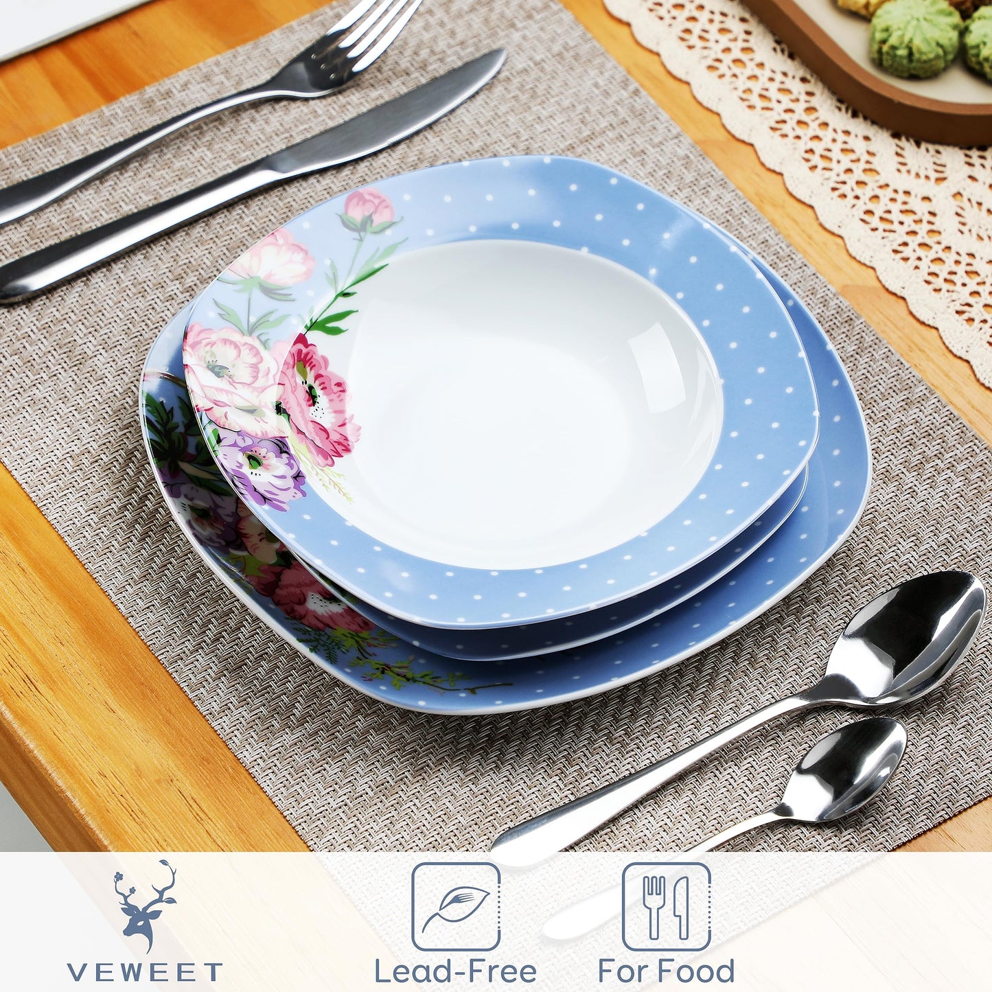 VEWEET, Series Annie, Porcelain Dinnerware Sets for 6, White Dish Set with Pink Floral, 30 PCS Dinner Sets Including Dinner Plates, Dessert Plates, Soup Plates Set, Cups & Saucers