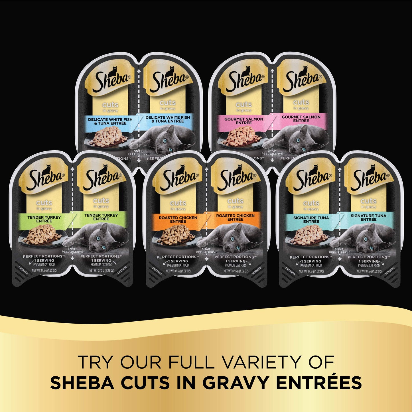 SHEBA Perfect Portions Cuts in Gravy Wet Cat Food Trays (24 Count, 48 Servings), Roasted Chicken, Gourmet Salmon and Tender Turkey Entrée Variety Pack, Easy Peel Twin-Pack Trays