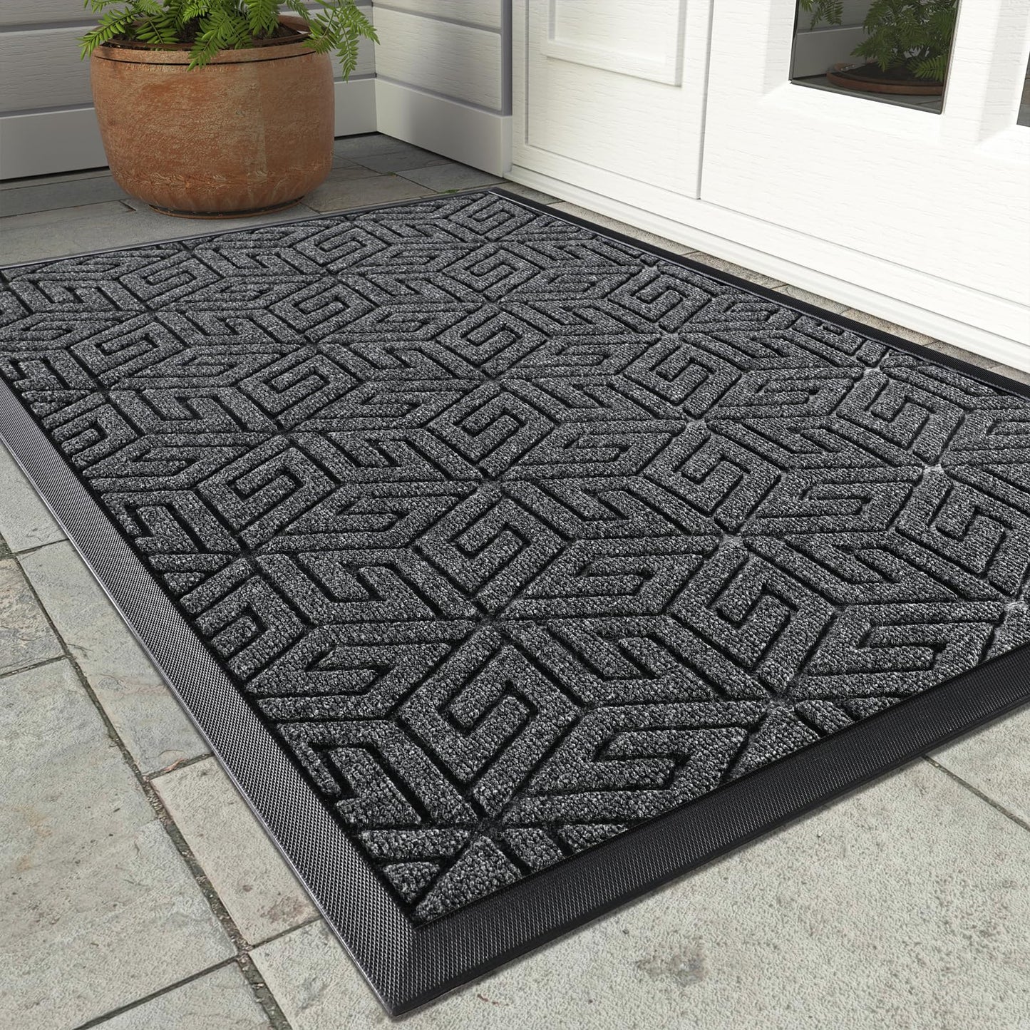 Yimobra Sturdy Front Entrance Door Mat, Heavy Duty Outdoor Indoor Doormat Entryway Floor Mat, Non Slip Rubber Backing, Easy Clean Shoe Scraper, Waterproof, Patio, Lawn, 17x29.5 Inch, Black