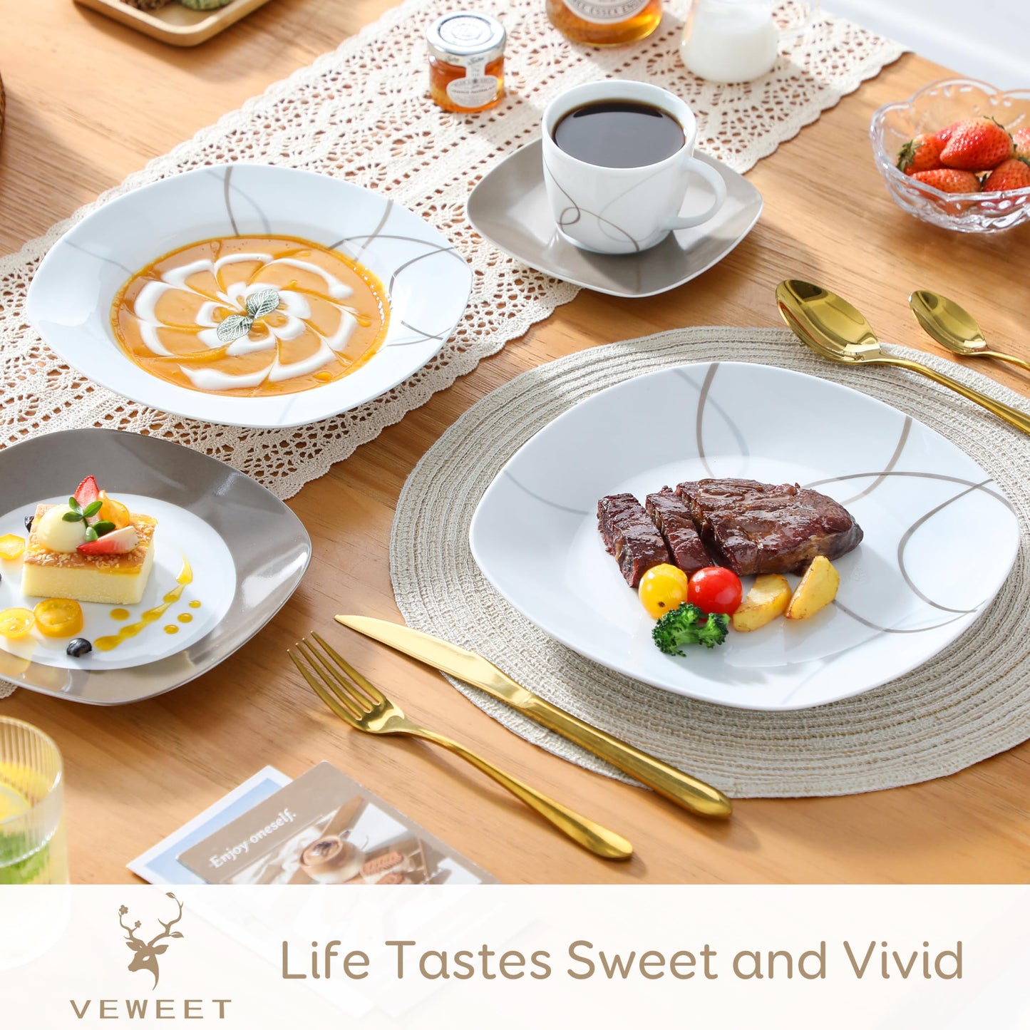 VEWEET, Series Annie, Porcelain Dinnerware Sets for 6, White Dish Set with Pink Floral, 30 PCS Dinner Sets Including Dinner Plates, Dessert Plates, Soup Plates Set, Cups & Saucers