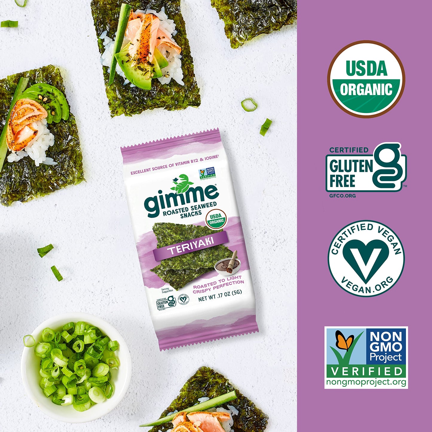 gimMe - Sea Salt Organic Roasted Seaweed Sheets Keto, Vegan, Gluten Free Great Source of Iodine & Omega 3’s Healthy On-The-Go Snack for Kids Adults 6 Count( Pack 1)