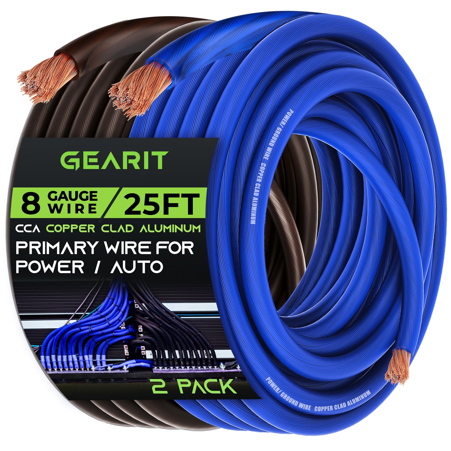 GearIT 8 Gauge Wire CCA Kit (25ft Each- Black/Red Translucent | 15 Lugs | 20 Heat Shrink Wrap) Copper Clad Aluminum - Primary Automotive Wire Power/Ground, Battery Cable, Car Audio Speak