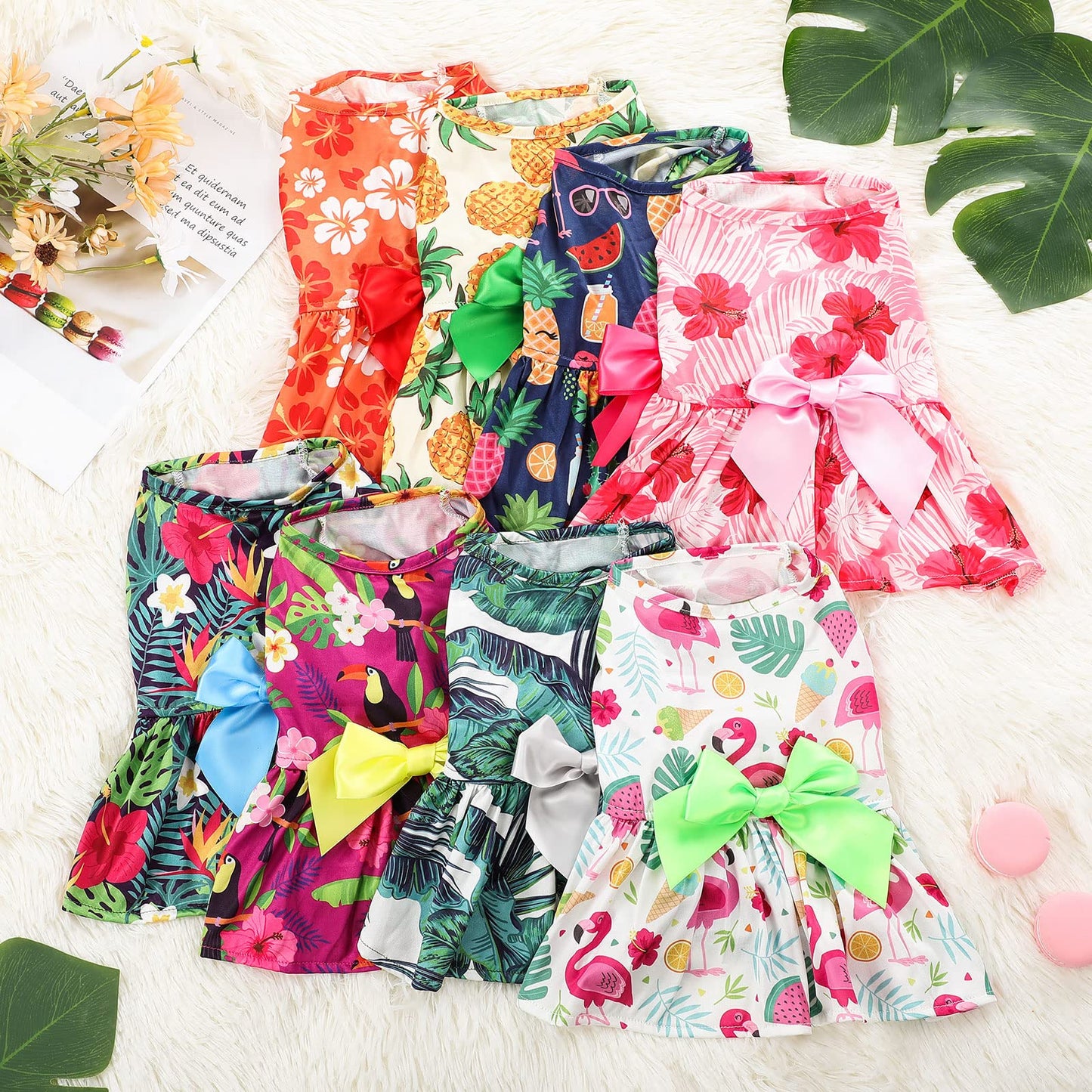 LEIFIDE 8 Pcs Summer Themed Hawaii Dog Dresses Holiday Dog Dress Flamingo Fruit Floral Pattern Pet Skirts Hawaii Puppy Princess Dresses Outfits Bowknot Puppy Dresses for Girl Dogs Cats Beach (Small)