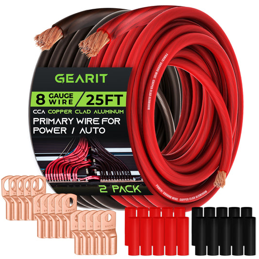 GearIT 8 Gauge Wire CCA Kit (25ft Each- Black/Red Translucent | 15 Lugs | 20 Heat Shrink Wrap) Copper Clad Aluminum - Primary Automotive Wire Power/Ground, Battery Cable, Car Audio Speak
