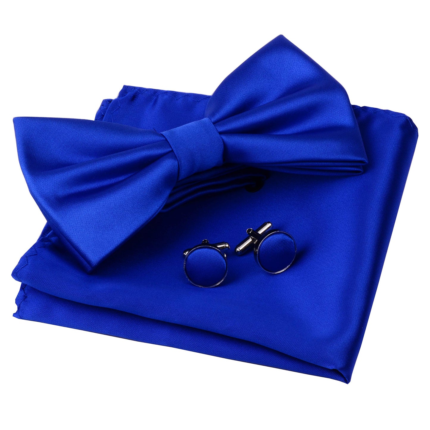 GUSLESON Mens Solid Color Double Fold Pre-tied Bow Tie and Pocket Square Cufflink Set with Gift Box