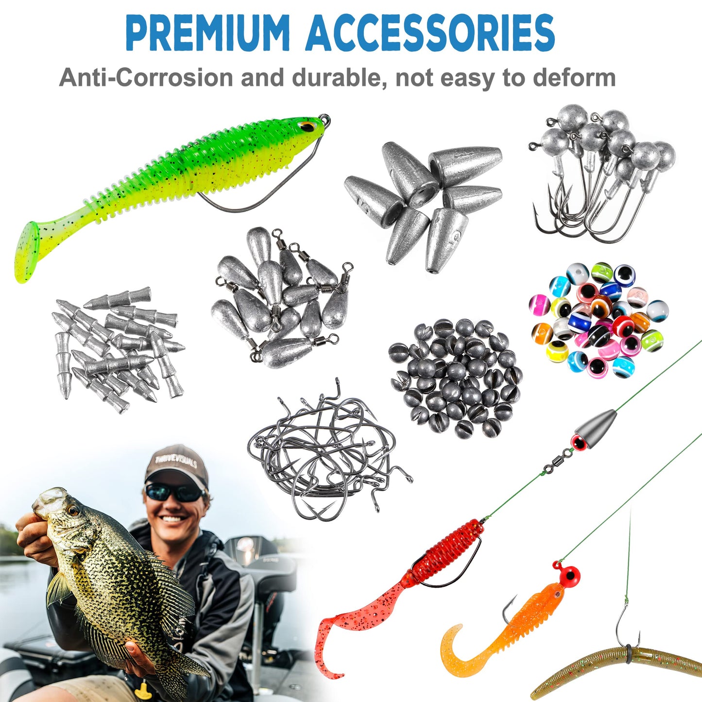 PLUSINNO 253/397pcs Fishing Accessories Kit, Fishing Tackle Box with Tackle Included, Fishing Hooks, Fishing Weights Sinkers, Spinner Blade, Fishing Gear for Bass, Bluegill, Crappie, Fishing