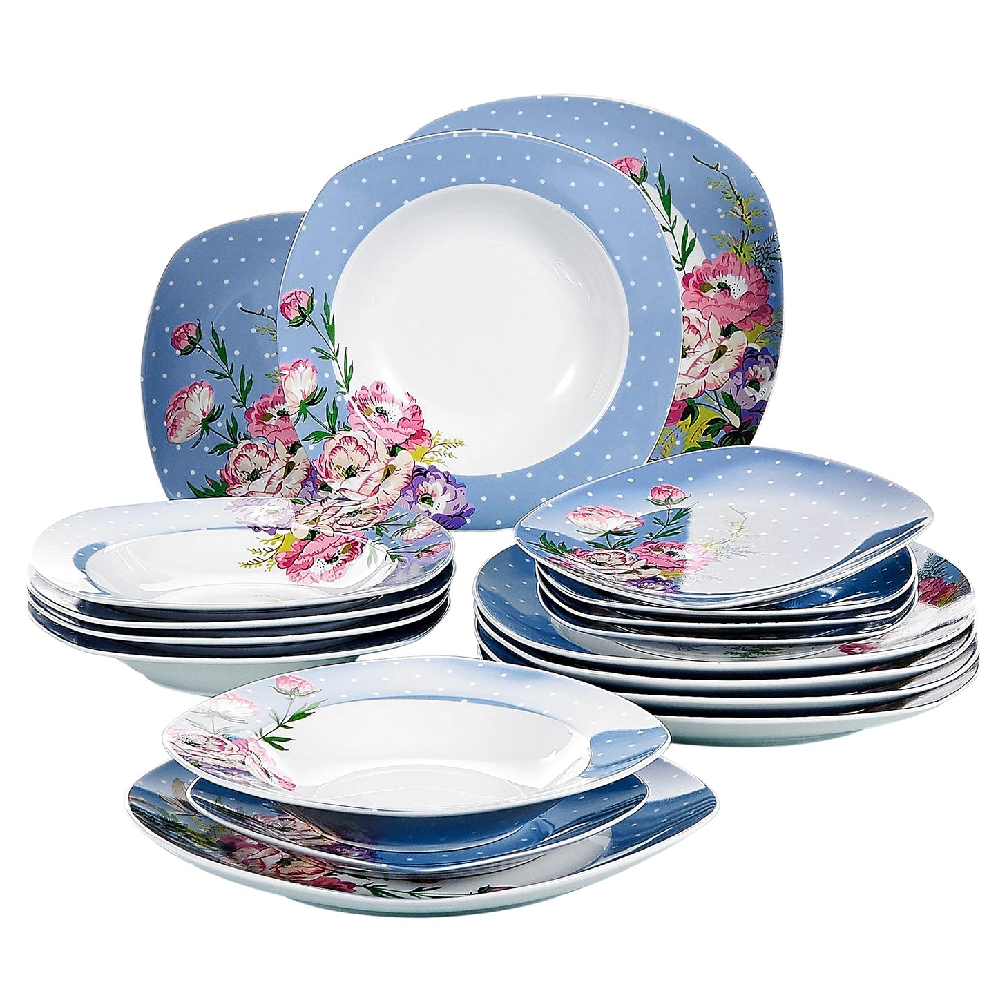 VEWEET, Series Annie, Porcelain Dinnerware Sets for 6, White Dish Set with Pink Floral, 30 PCS Dinner Sets Including Dinner Plates, Dessert Plates, Soup Plates Set, Cups & Saucers