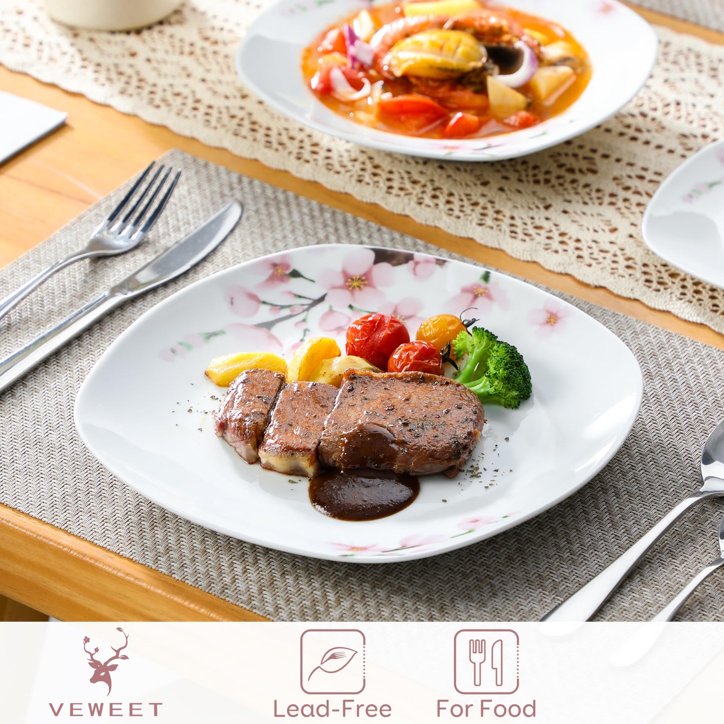 VEWEET, Series Annie, Porcelain Dinnerware Sets for 6, White Dish Set with Pink Floral, 30 PCS Dinner Sets Including Dinner Plates, Dessert Plates, Soup Plates Set, Cups & Saucers