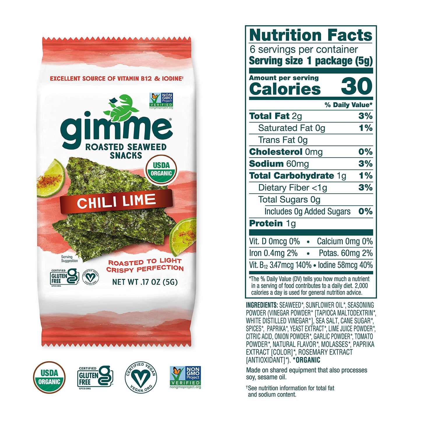 gimMe - Sea Salt Organic Roasted Seaweed Sheets Keto, Vegan, Gluten Free Great Source of Iodine & Omega 3’s Healthy On-The-Go Snack for Kids Adults 6 Count( Pack 1)