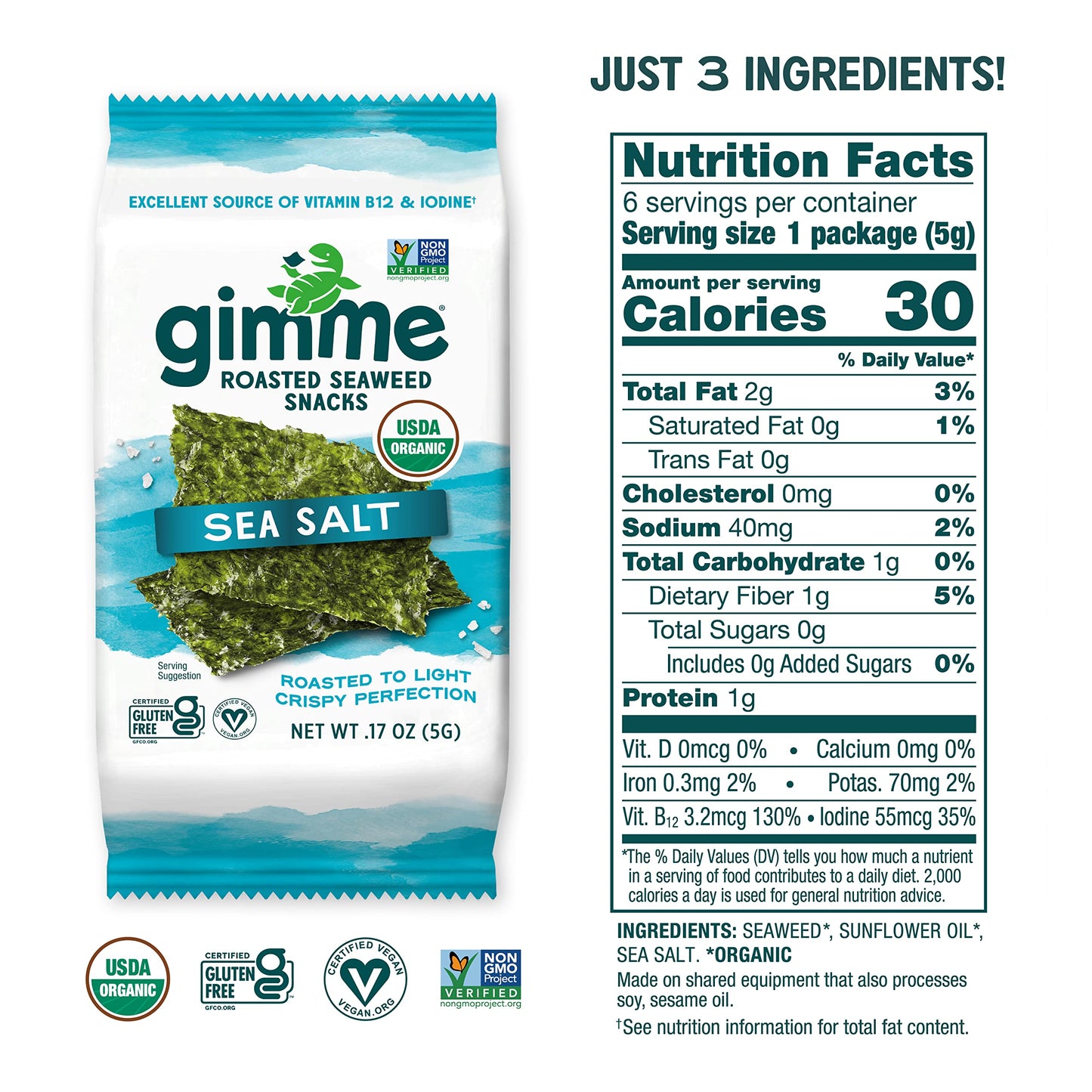 gimMe - Sea Salt Organic Roasted Seaweed Sheets Keto, Vegan, Gluten Free Great Source of Iodine & Omega 3’s Healthy On-The-Go Snack for Kids Adults 6 Count( Pack 1)