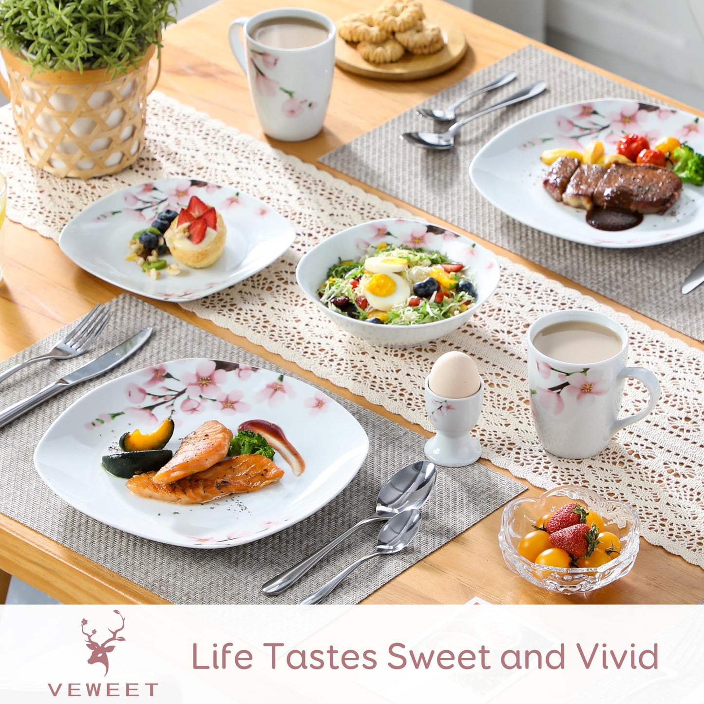 VEWEET, Series Annie, Porcelain Dinnerware Sets for 6, White Dish Set with Pink Floral, 30 PCS Dinner Sets Including Dinner Plates, Dessert Plates, Soup Plates Set, Cups & Saucers