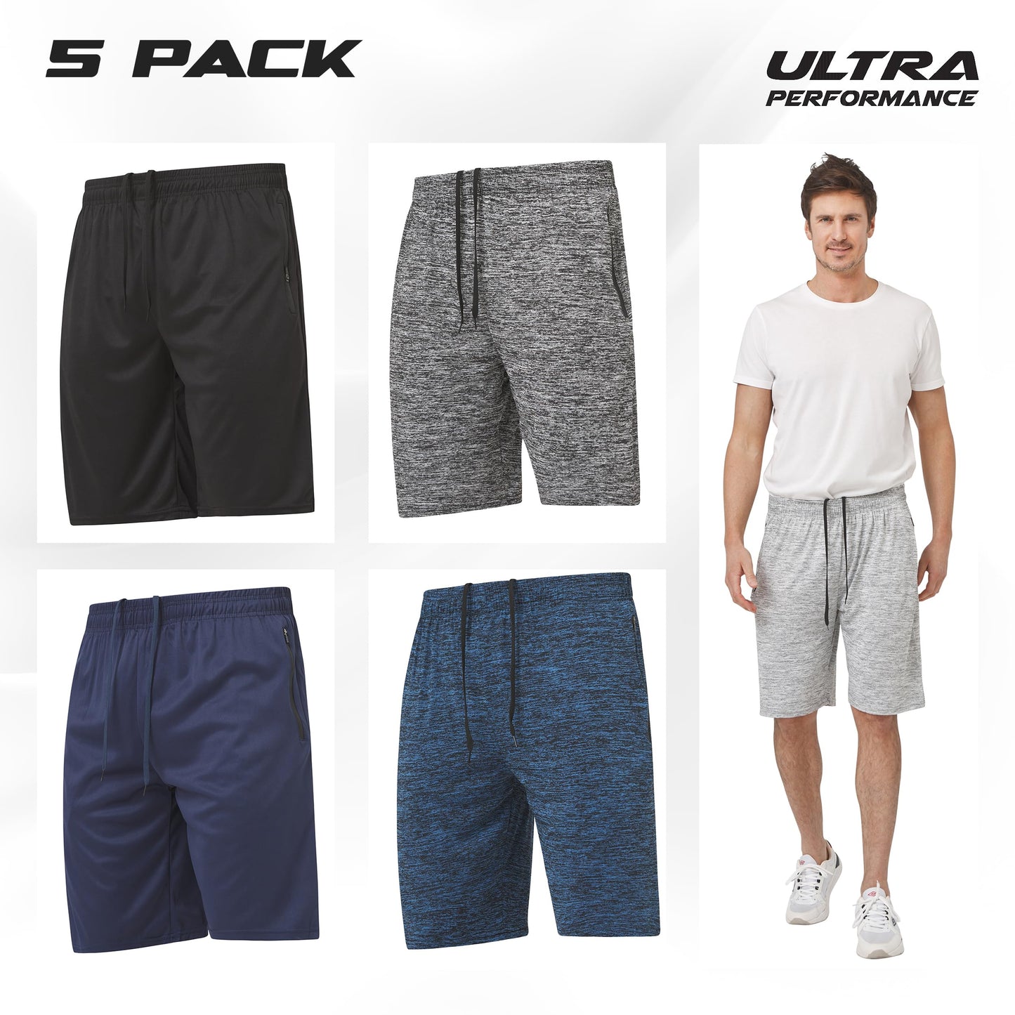 Ultra Performance Mens 5 Pack Athletic Running Shorts, Basketball Gym Workout Shorts for Men with Zippered Pockets