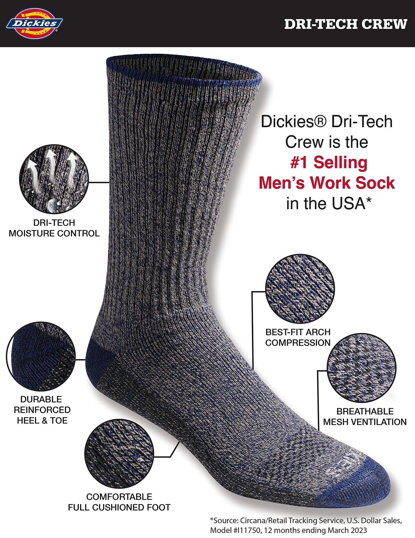 Dickies Men's Dri-tech Essential Moisture Control Crew Socks Multipack