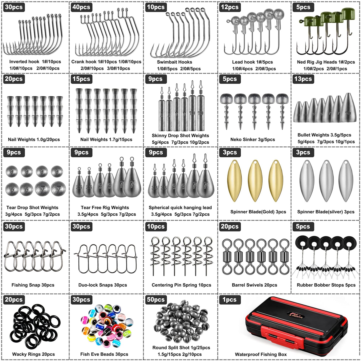 PLUSINNO 253/397pcs Fishing Accessories Kit, Fishing Tackle Box with Tackle Included, Fishing Hooks, Fishing Weights Sinkers, Spinner Blade, Fishing Gear for Bass, Bluegill, Crappie, Fishing