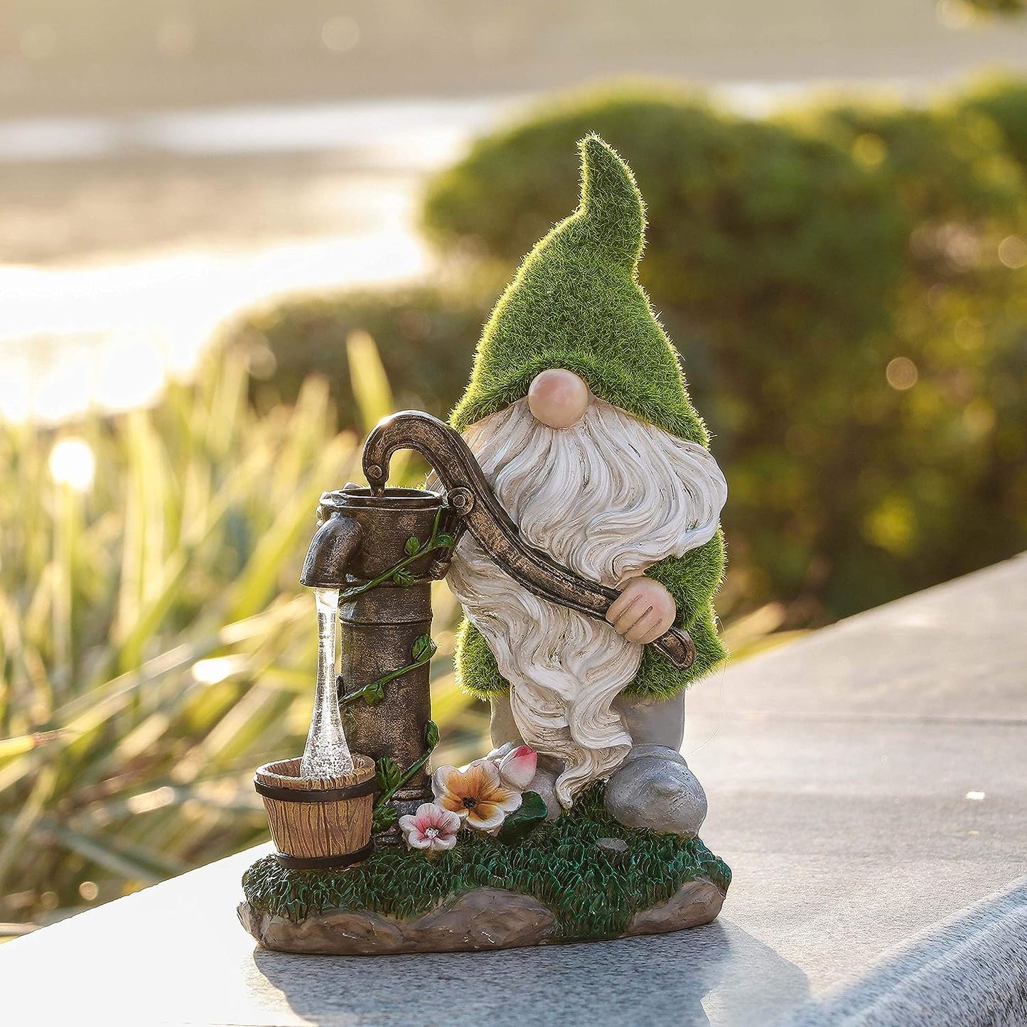 TERESA'S COLLECTIONS Garden Gnomes Decorations for Yard with Solar Outdoor Lights, Flocked Garden Sculptures & Statues for Porch Patio Decor, Gifts for Mom, Garden Decor for Outside,Mothers Day 9.8"