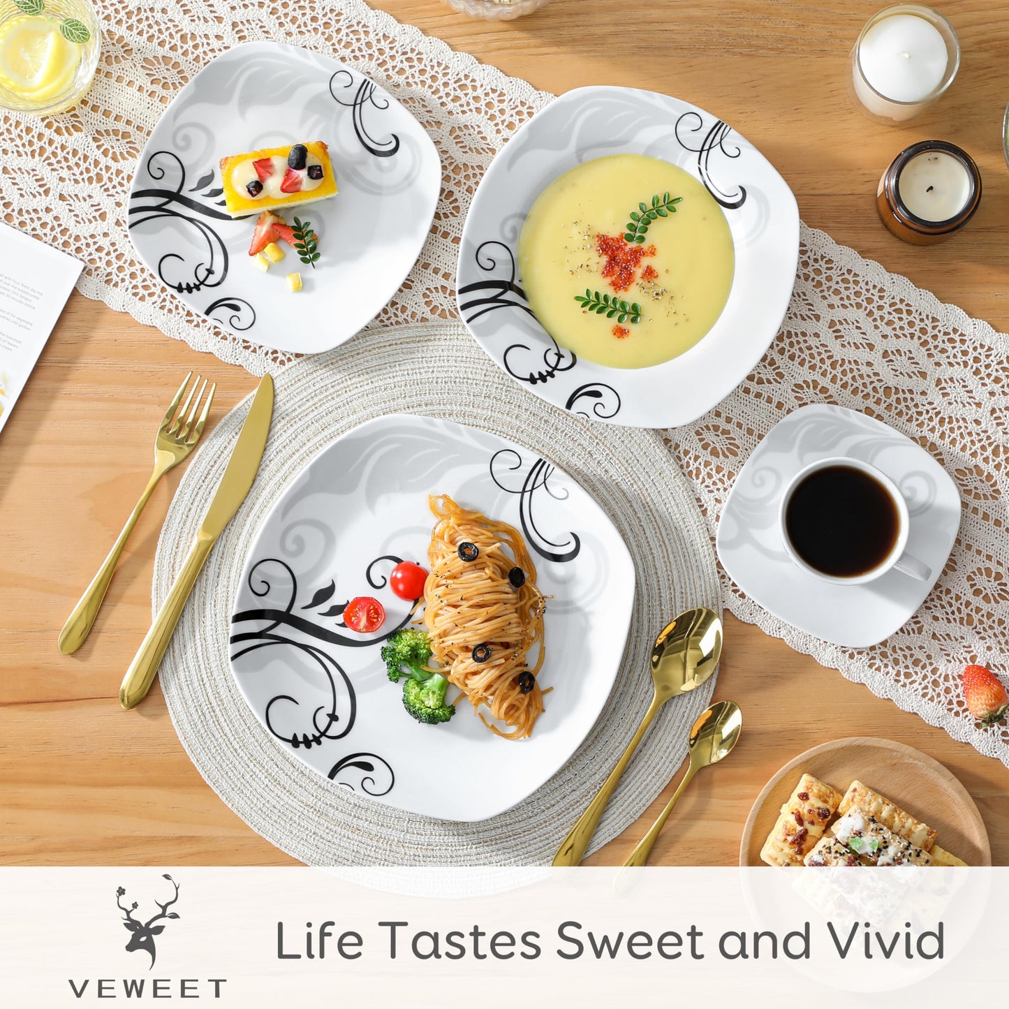 VEWEET, Series Annie, Porcelain Dinnerware Sets for 6, White Dish Set with Pink Floral, 30 PCS Dinner Sets Including Dinner Plates, Dessert Plates, Soup Plates Set, Cups & Saucers