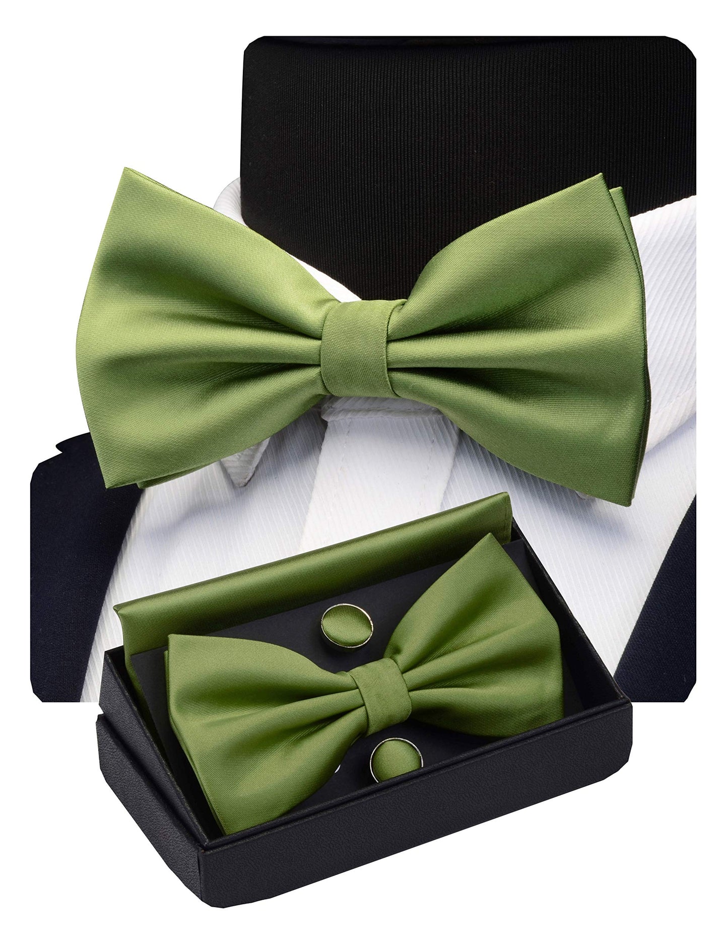 GUSLESON Mens Solid Color Double Fold Pre-tied Bow Tie and Pocket Square Cufflink Set with Gift Box