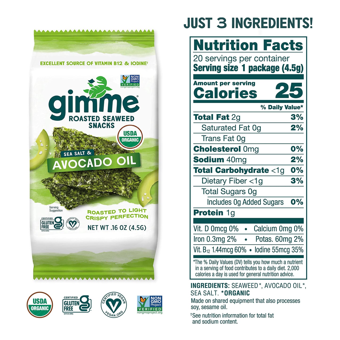 gimMe - Sea Salt & Avocado Oil - 0.16 Oz (Pack of 20) - Organic Roasted Seaweed Sheets - Keto, Vegan, Gluten Free - Great Source of Iodine & Omega 3’s - Healthy On-The-Go Snack for Kids & Adults