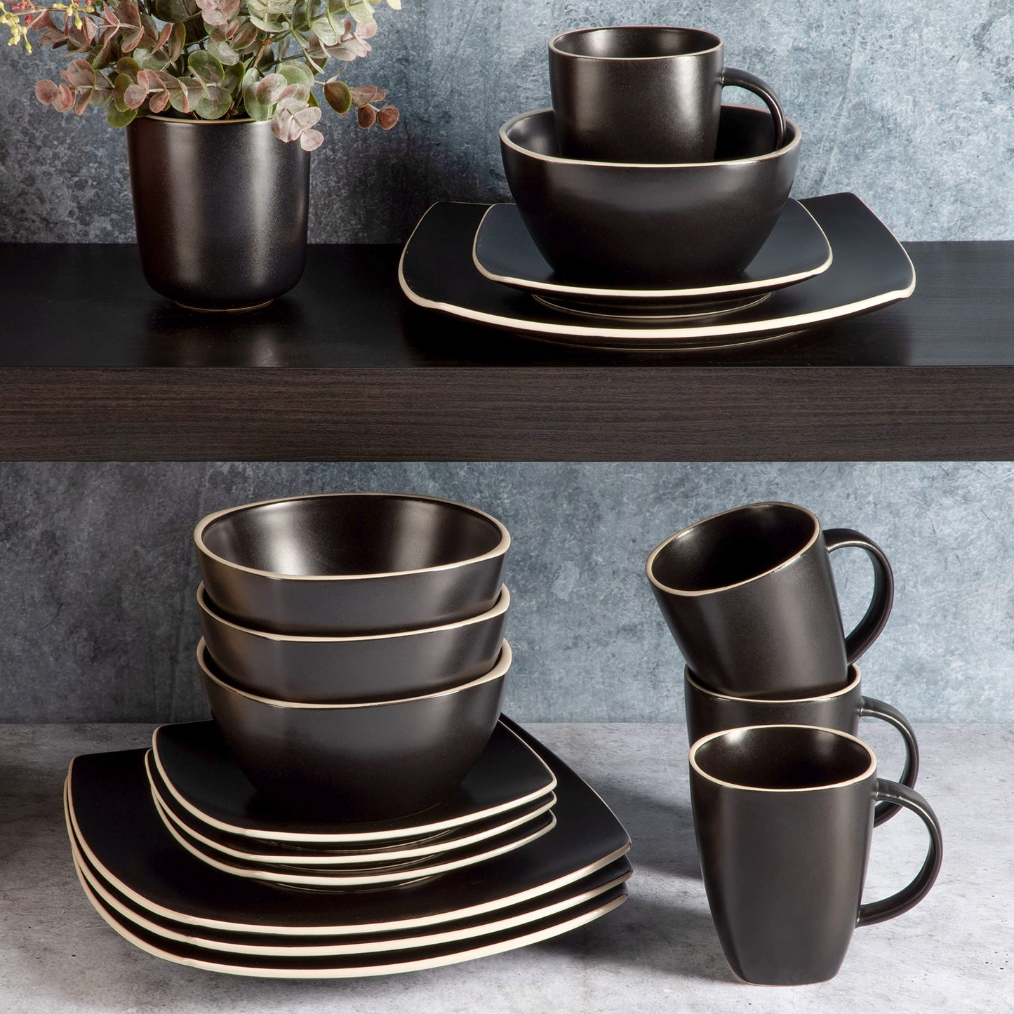 Gibson Soho Lounge Dinnerware Set, Service for 4 (16pcs), Matte Black