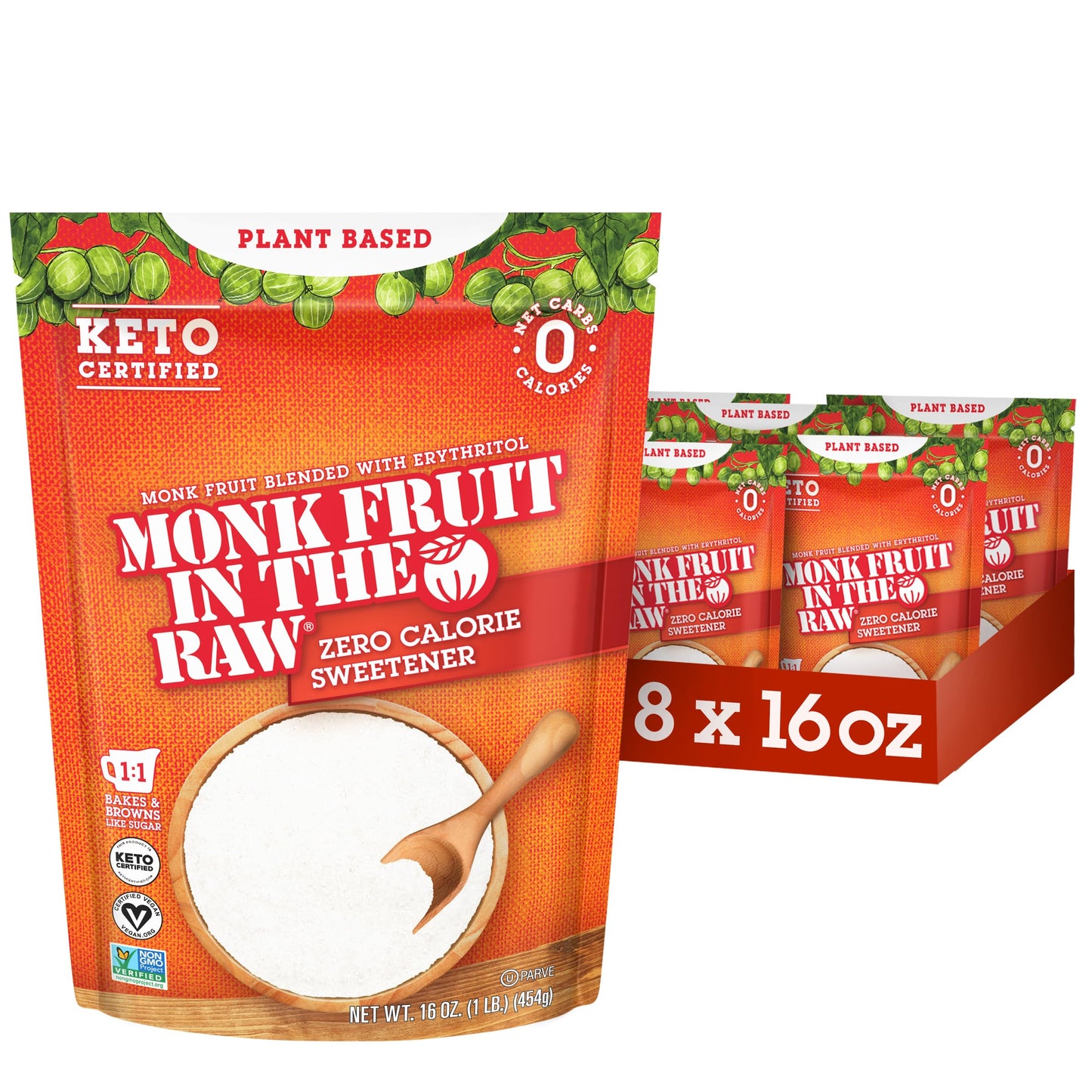 Monk Fruit In The Raw Sweetener Baker's Bag, 16 oz., Keto Certified Monk Fruit Sweetener, Zero Calories, Zero Net Carbs, Non-GMO Project Verified