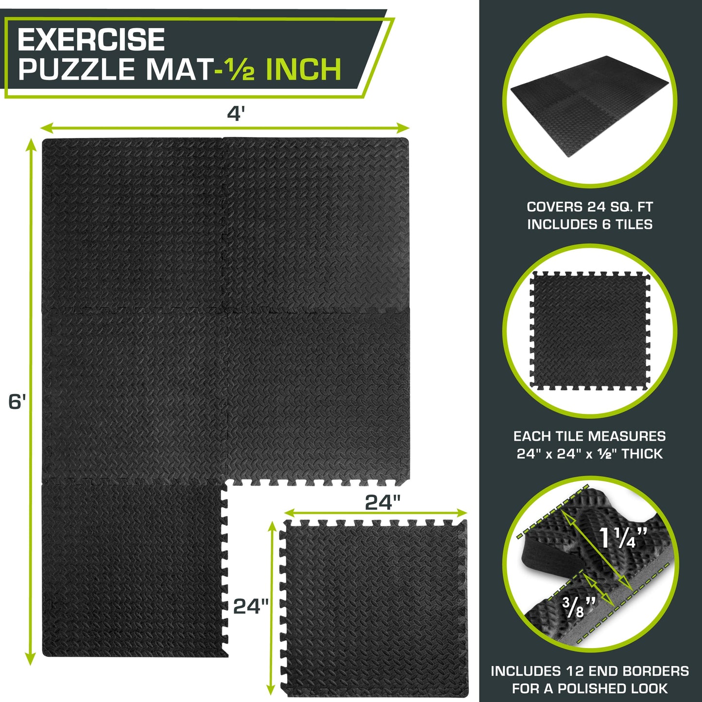 ProsourceFit Puzzle Exercise Mat ½ in, EVA Interlocking Foam Floor Tiles for Home Gym, Mat for Home Workout Equipment, Floor Padding for Kids