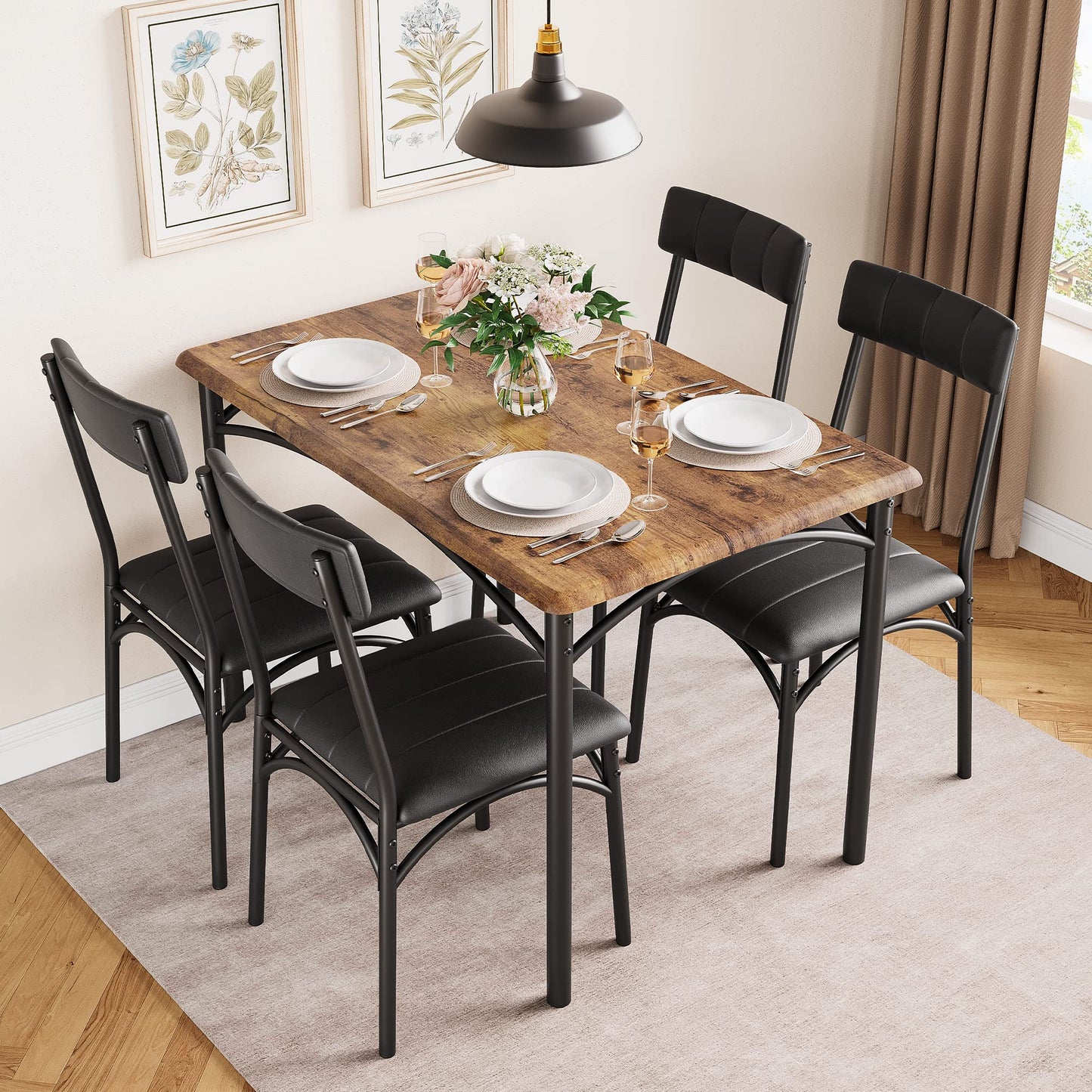 IDEALHOUSE Kitchen Table and Chairs for 4, Dining Table Set for 4 with Upholstered Chairs, 5 Piece Rectangular Kitchen Table Set, Dining Room Table Set for Small Space, Apartment, Rustic Grey