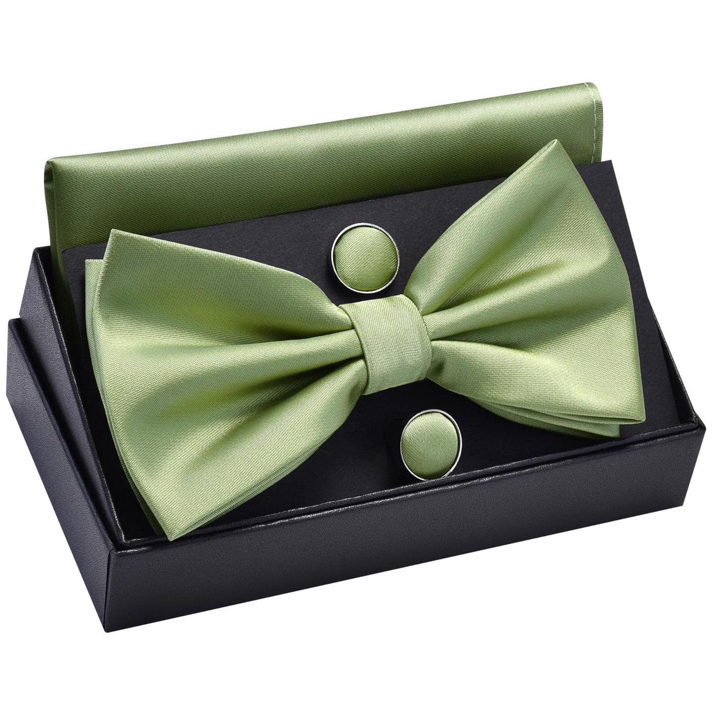 GUSLESON Mens Solid Color Double Fold Pre-tied Bow Tie and Pocket Square Cufflink Set with Gift Box