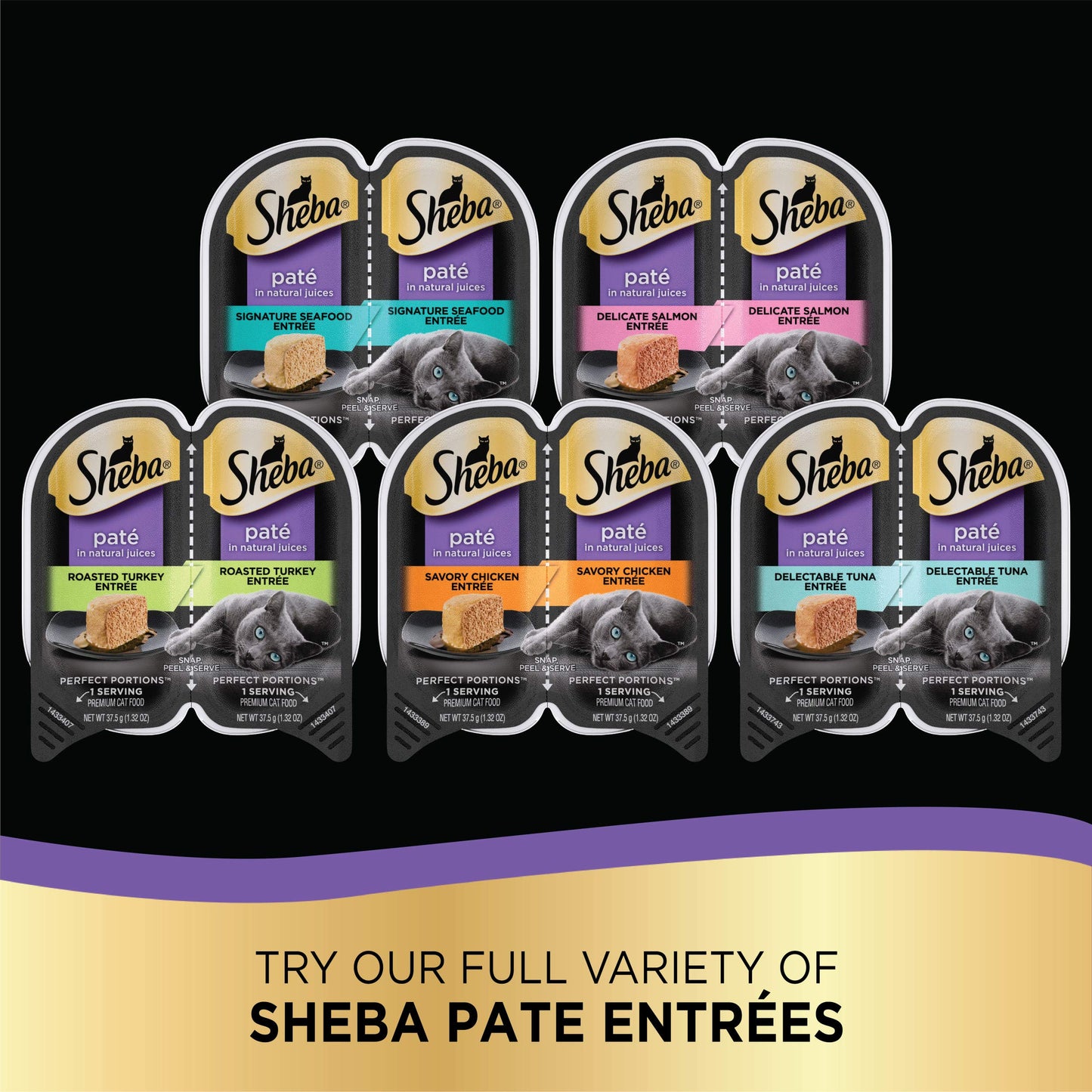 SHEBA Perfect Portions Cuts in Gravy Wet Cat Food Trays (24 Count, 48 Servings), Roasted Chicken, Gourmet Salmon and Tender Turkey Entrée Variety Pack, Easy Peel Twin-Pack Trays