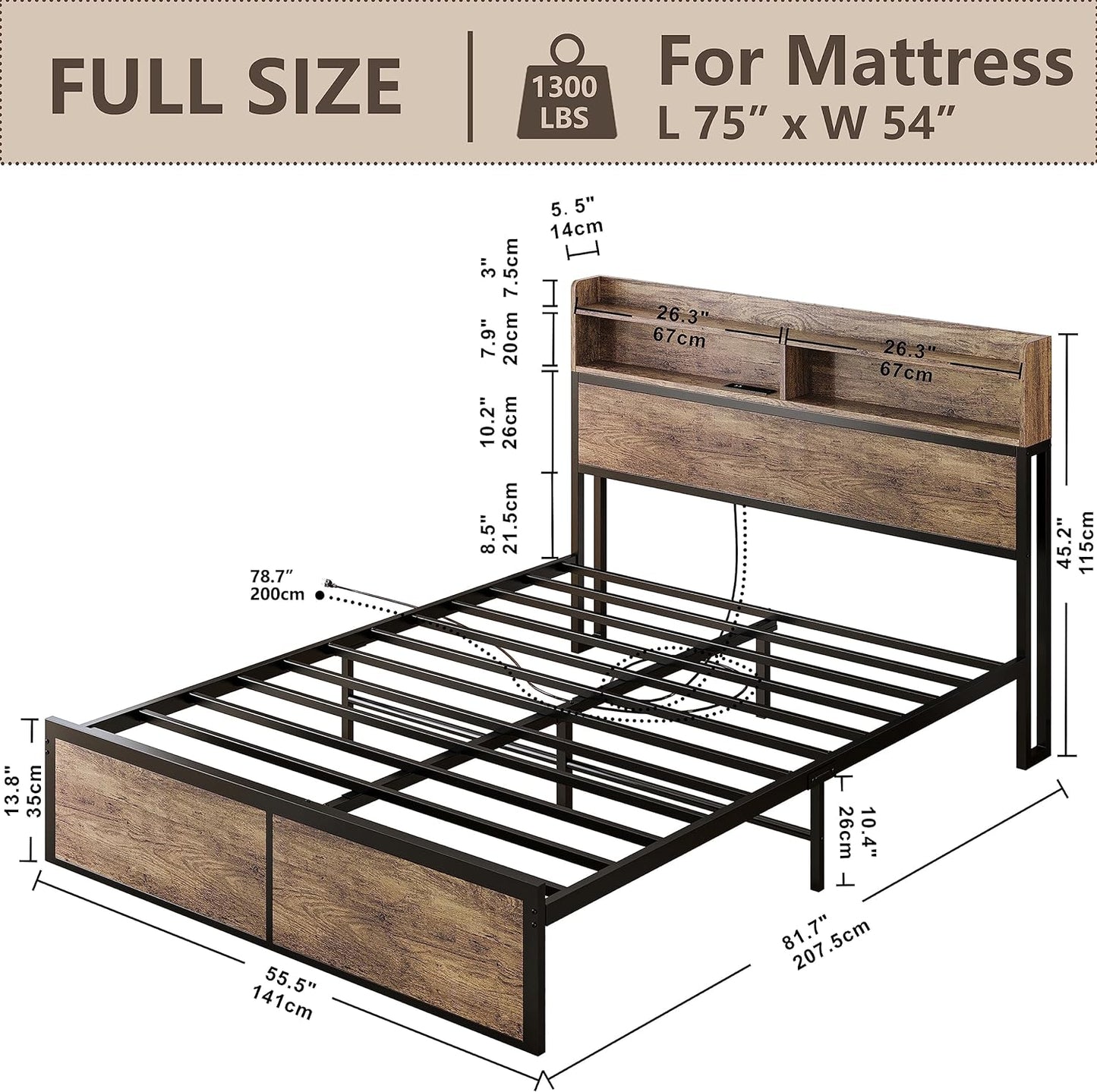 IRONCK Queen Bed Frame with Bookcase Headboard and Charging Station, Metal Platform Bed, Sturdy and No Noise, No Box Spring Needed, Vintage Brown