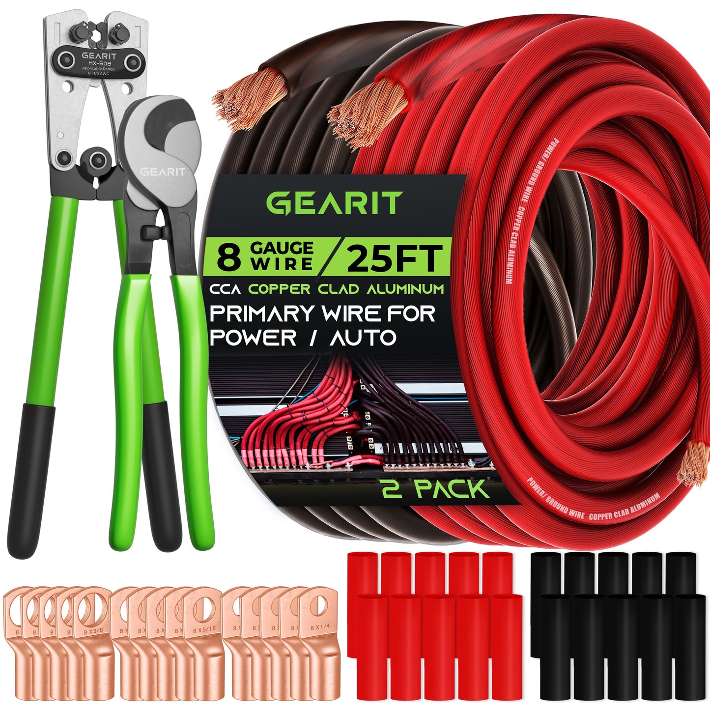 GearIT 8 Gauge Wire CCA Kit (25ft Each- Black/Red Translucent | 15 Lugs | 20 Heat Shrink Wrap) Copper Clad Aluminum - Primary Automotive Wire Power/Ground, Battery Cable, Car Audio Speak