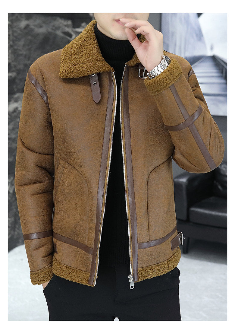 Men's Winter Fleece-lined Thick Suede Leather Jacket