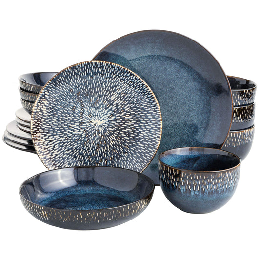 Gibson Elite Matisse 16 Piece Double Bowl Dinnerware Set, Cobalt Blue, Service for 4 (16pcs)